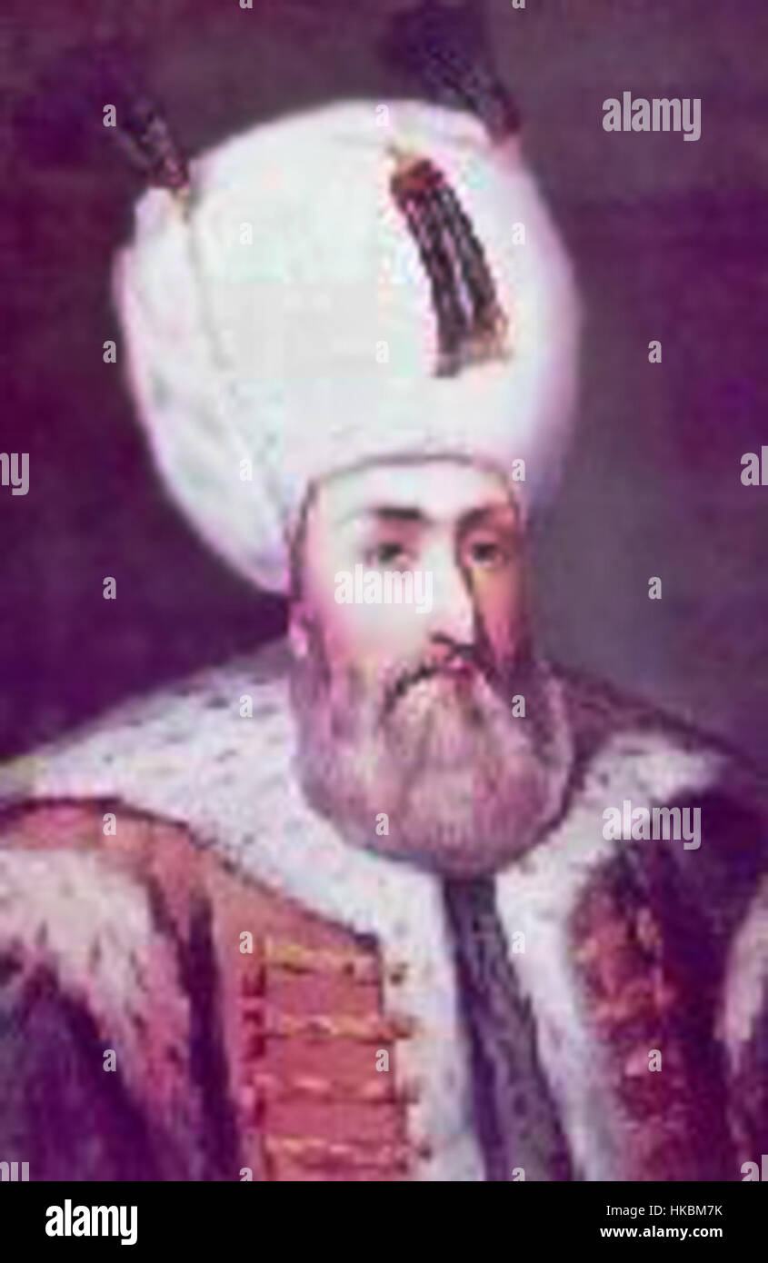 Ein Gemälde mit Suleyman I., dem 10. Sultan des Osmanischen Reiches, bekannt für seinen bedeutenden Einfluss auf die osmanische Regierung und Kultur. Das Kunstwerk fängt seine kaiserliche Herrlichkeit und historische Bedeutung ein. Stockfoto