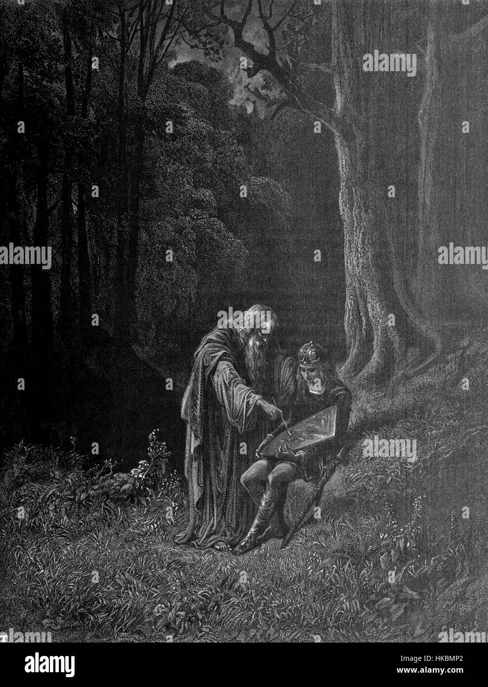 Eine Darstellung aus Tennysons Idylls des Königs, eine Reihe von Gedichten, die die Legende von König Arthur und den Rittern der Tafelrunde erzählen. Das Gemälde veranschaulicht eine Schlüsselszene aus dem berühmten literarischen Werk, das mittelalterliche Bilder und eine Arthurische Legende einfängt. Stockfoto