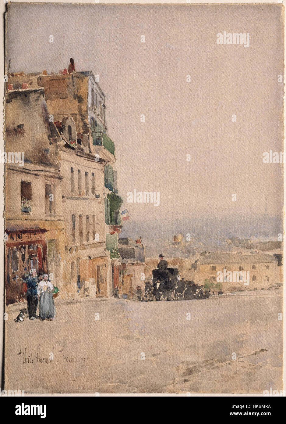 Childe Hassams „View in Montmartre, Paris“ von 1889 fängt die ikonischen Straßen von Paris ein und konzentriert sich auf die lebhafte Atmosphäre und das tägliche Leben im berühmten Montmartre-Viertel. Das Gemälde spiegelt Hassams impressionistischen Stil wider. Stockfoto