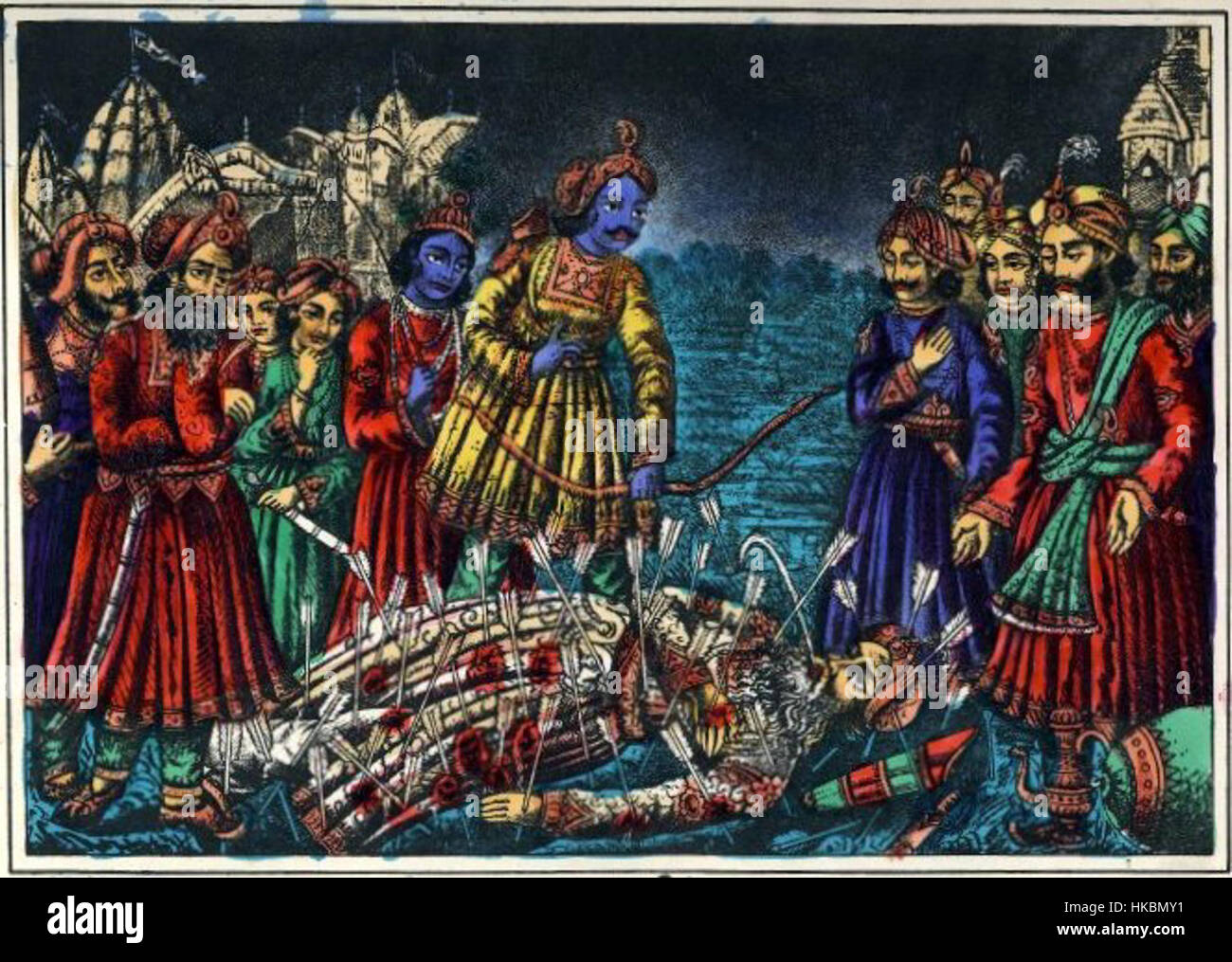 Bhisma, ein Krieger im Mahabharata, liegt auf einem Pfeilbett, während Arjuna über ihm steht, in einer antiken indischen Epos-Szene, die Pflicht, Opfer und Kriegerethik symbolisiert. Stockfoto
