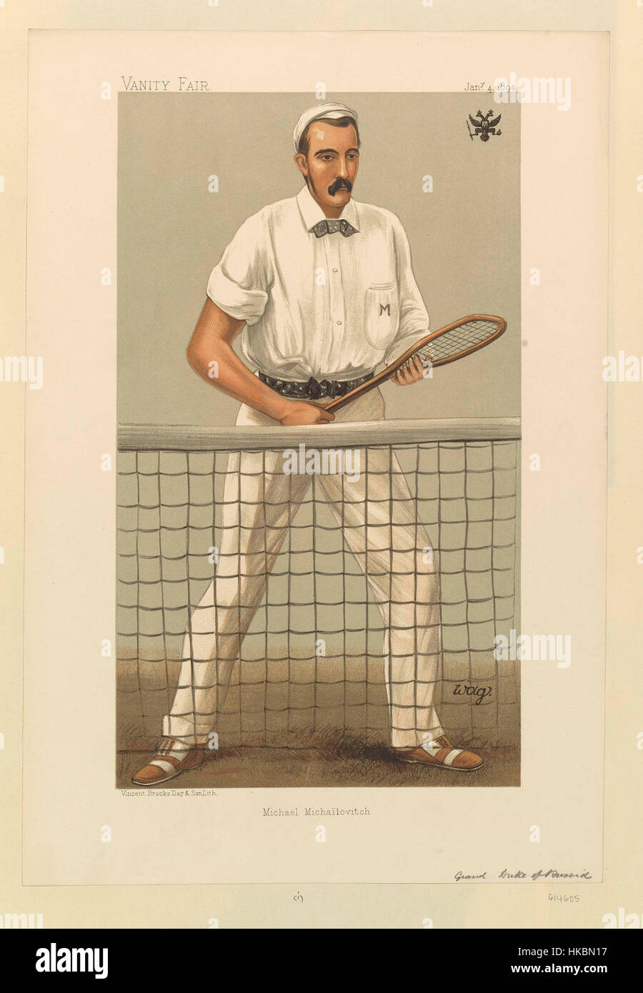 Ein Porträt von Michael Michailovitch, das am 4. Januar 1894 im Magazin Vanity Fair veröffentlicht wurde. Die Illustration bietet einen Einblick in den Mode- und Porträtstil des späten 19. Jahrhunderts. Stockfoto