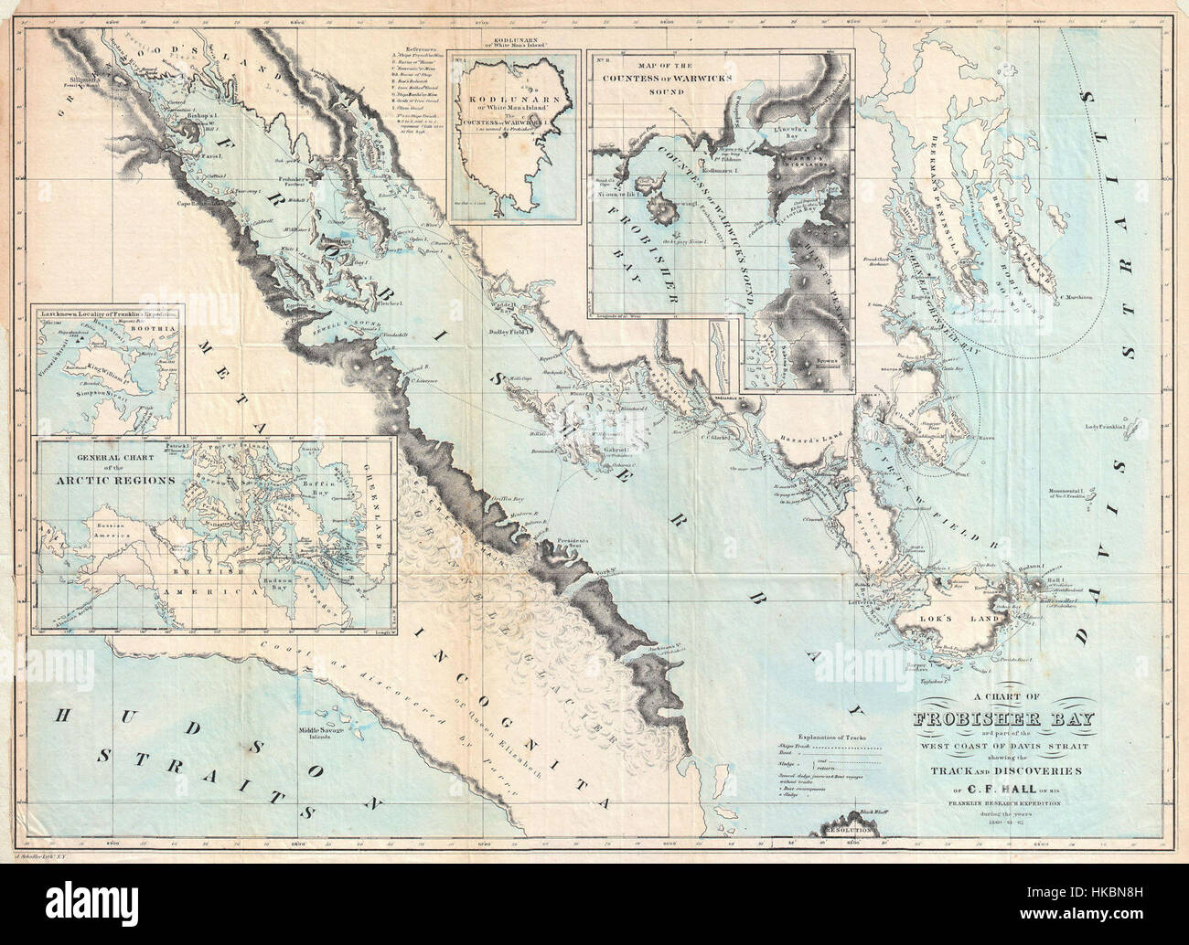 Die Hall Map of Frobisher Bay von 1865 ist eine wichtige historische Referenz für die Erkundung der Arktis. Es zeigt die Geographie der Baffin Island und der Umgebung und trägt so zum Verständnis der arktischen Schifffahrt im 19. Jahrhundert bei. Stockfoto