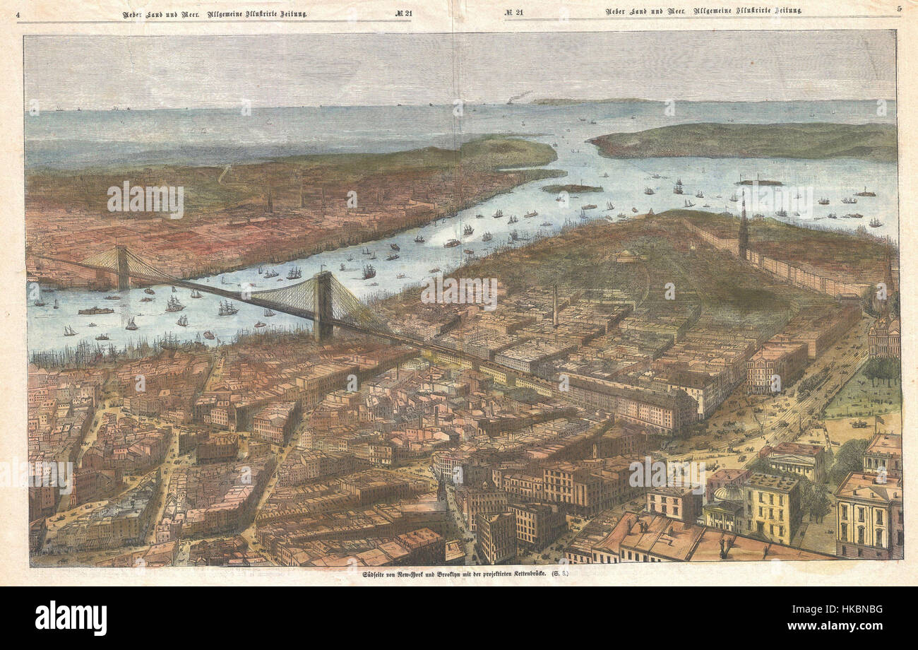 Diese deutsche Karte 1883 bietet eine detaillierte Ansicht von Lower Manhattan, einschließlich der berühmten Brooklyn Bridge und der Umgebung von Brooklyn. Die Karte zeigt die wichtigsten Wahrzeichen der Region während des späten 19. Jahrhunderts und gibt Einblicke in die städtische Landschaft und die Infrastrukturentwicklung von New York City. Stockfoto