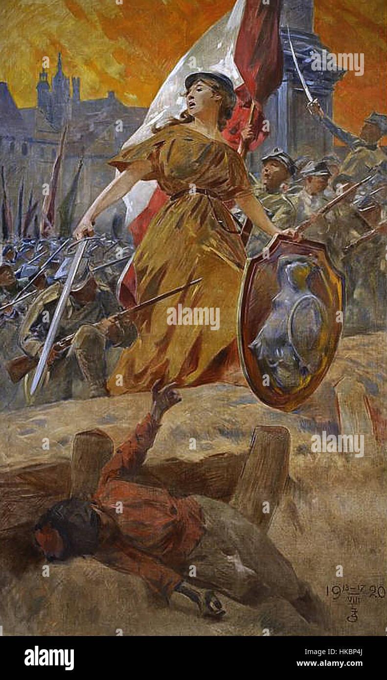 Die 'Allegorie des polnischen Sieges 1920, vorwärts Warschau!' Das Gemälde zeigt den polnischen Sieg während des Polnisch-sowjetischen Krieges von 1920. Sie spiegelt den nationalen Stolz und die Stärke Polens nach dem entscheidenden Kampf wider und symbolisiert Hoffnung und Widerstandsfähigkeit. Stockfoto