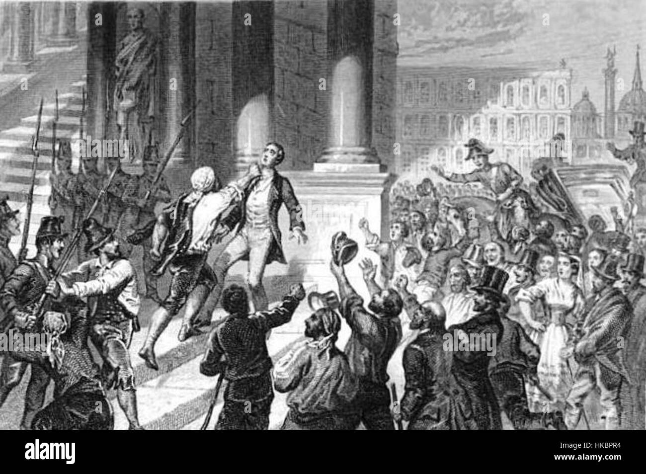 Assassinat de Rossi ist ein Gemälde, das den Mord an dem italienischen Staatsmann Giovanni de Rossi darstellt. Dieses dramatische Kunstwerk fängt die emotionale Intensität und den historischen Moment des Mordes ein. Stockfoto