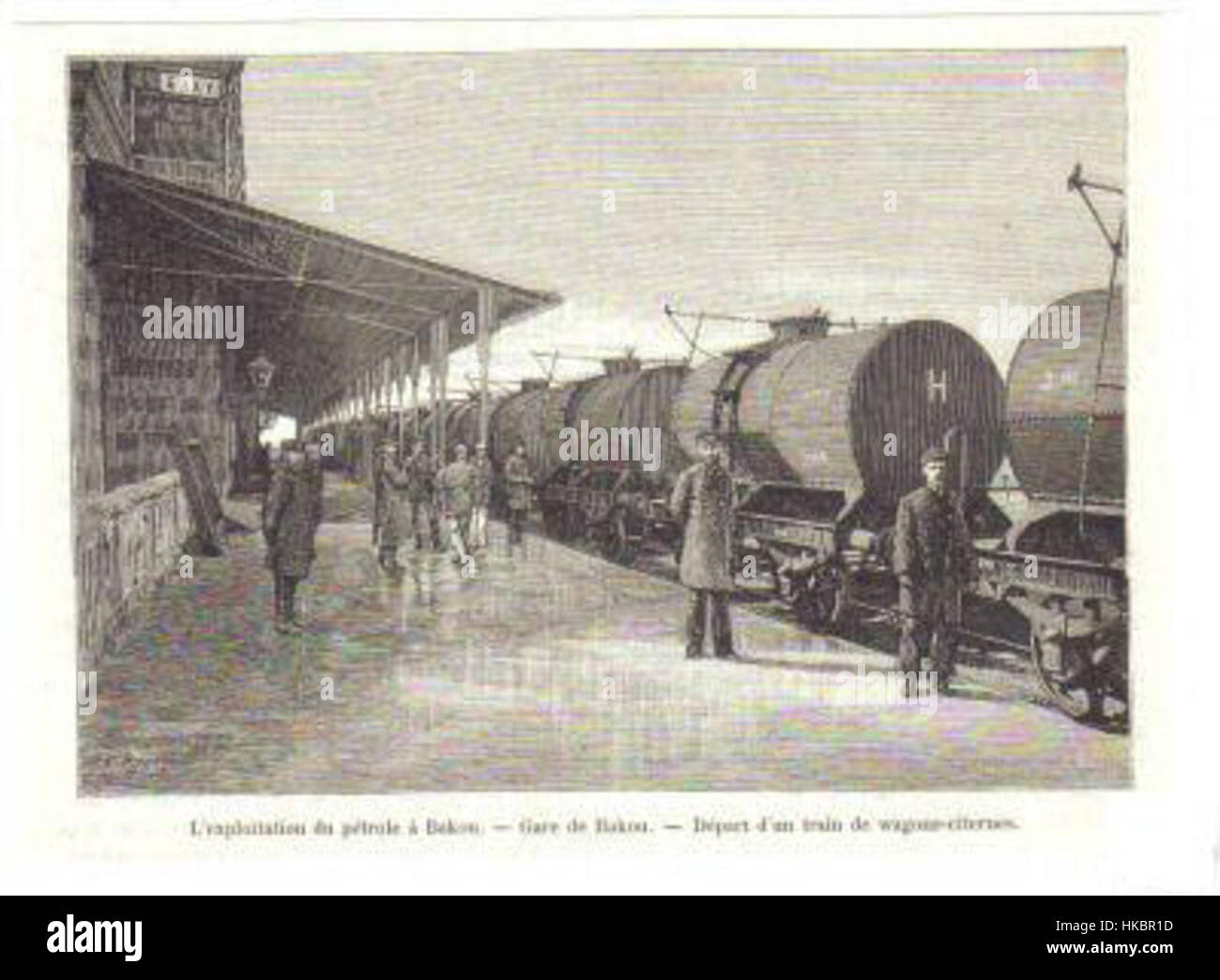 Dieses historische Gemälde zeigt die Bakurailstation, einen wichtigen Bahnhof in der Region Bakur. Das Kunstwerk erfasst die architektonischen Details des Bahnhofs und seine Rolle für den Transport während dieser Zeit. Stockfoto