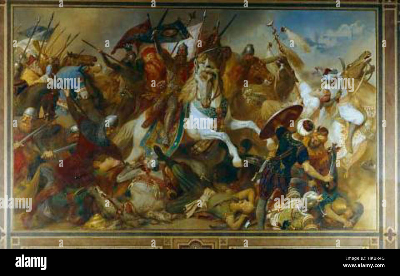 Dieses Gemälde zeigt den Sieg Friedrichs I. Barbarossas in der Schlacht von Ikonium. Die Schlacht, die 1190 während des Dritten Kreuzzugs ausgetragen wurde, war eine bedeutende militärische Leistung für den Kaiser des Heiligen Römischen Reiches. Das Kunstwerk betont den historischen Moment des Sieges. Stockfoto