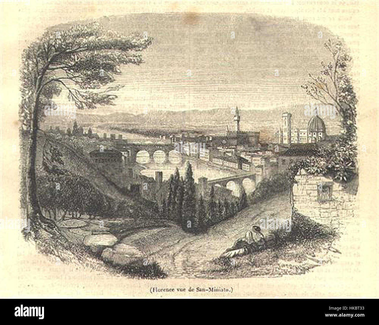 Ein Gemälde von Brugnot, das die Ansicht von San Miniato in Florenz darstellt, aus der Ausgabe von „Magasin Pittoresque“ aus dem Jahr 1845 Das Kunstwerk fängt die architektonische Schönheit und malerische Landschaft der Region ein und zeigt den historischen Blick auf San Miniato Mitte des 19. Jahrhunderts. Stockfoto