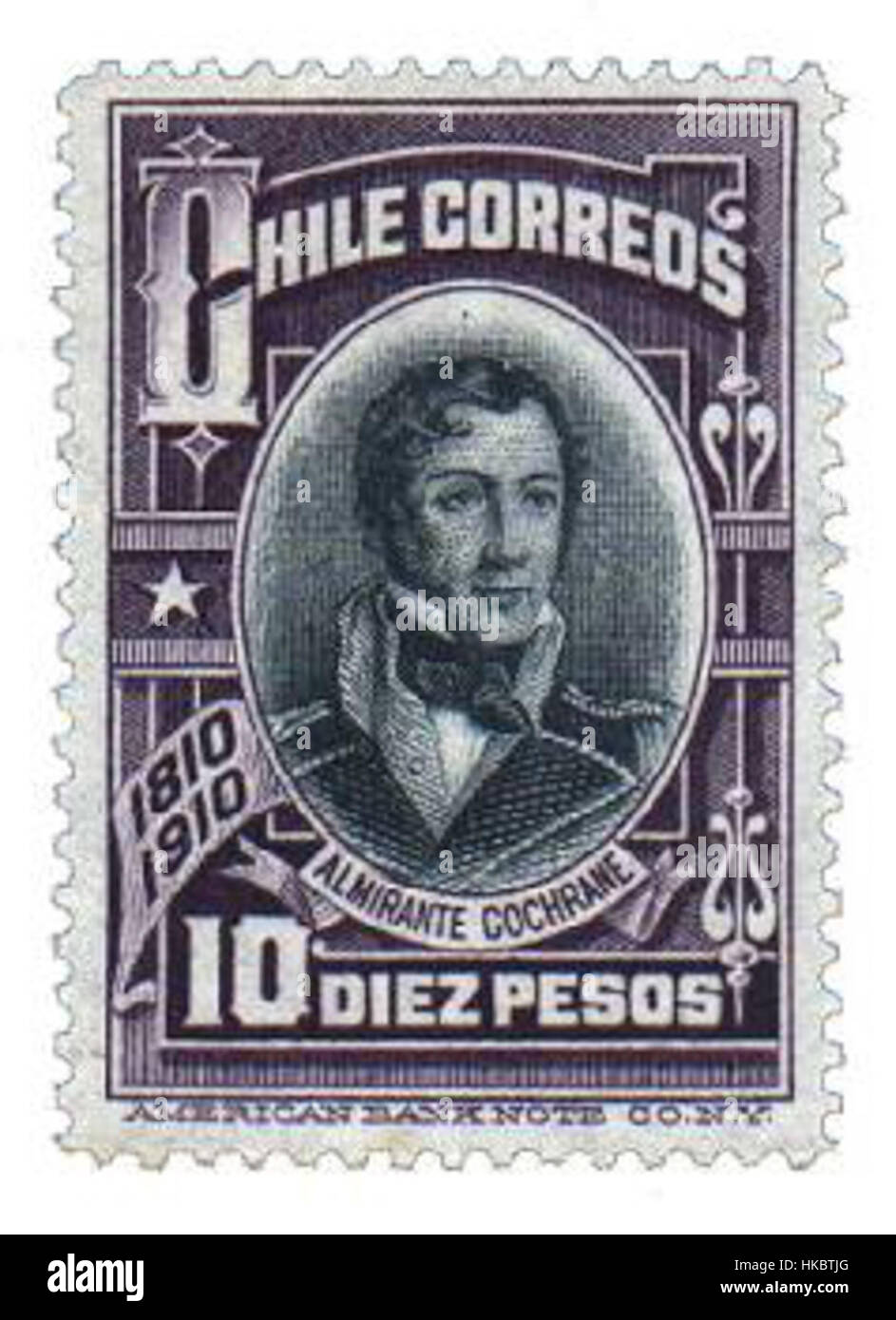 Dieses Bild zeigt die 10-Pesos-Münze aus Chiles Centenario-Serie, eine Gedenkwährung zu Ehren des hundertjährigen Bestehens des Landes. Das Münzdesign hebt die wichtigsten nationalen Symbole und historischen Meilensteine hervor. Stockfoto