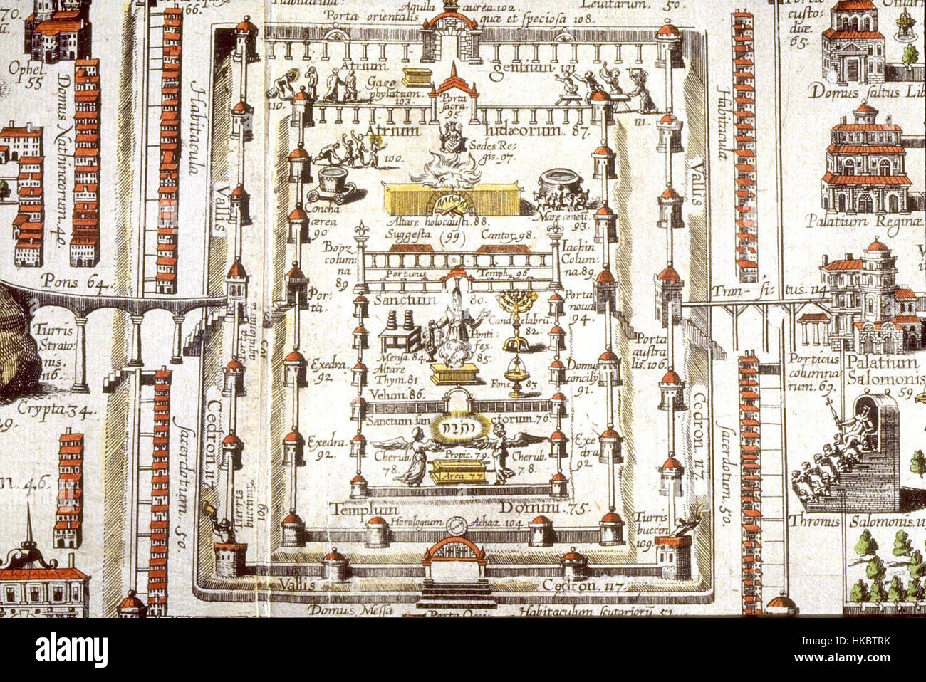 Dieses detaillierte Gemälde von Christian van Adrichom aus dem Jahr 1497 zeigt die antike Stadt Jerusalem und ihre Umgebung, mit einem Schwerpunkt auf der architektonischen Pracht des Salomonentempels in seinem biblischen Kontext. Stockfoto