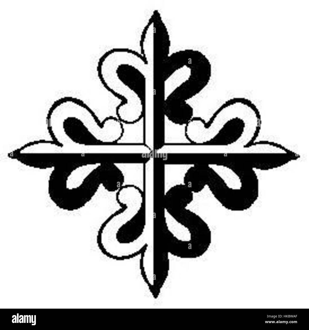 Das „Kreuz des MJC“ ist eine künstlerische Darstellung eines religiösen Kreuzes mit komplizierten Designs und Symbolismus. Das Stück spiegelt die Mischung von christlichem Symbolismus und künstlerischem Handwerk wider, typisch für mittelalterliche religiöse Kunst. Stockfoto