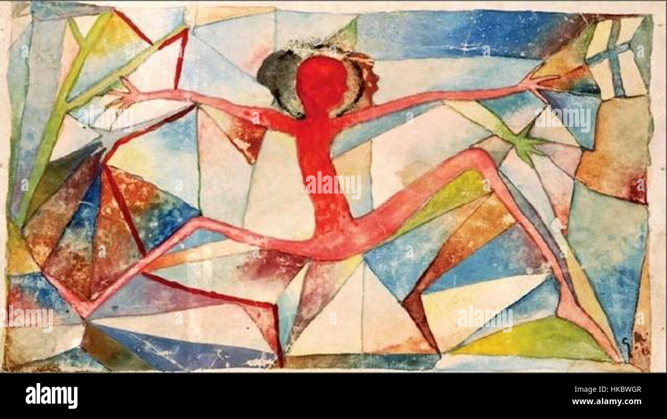 „Dancing Figure“ von Geo Milev, gemalt 1919, fängt die dynamische Bewegung einer Tänzerin in ausdrucksstarkem, modernistischem Stil ein. Das Werk reflektiert den künstlerischen Wandel nach dem Ersten Weltkrieg hin zu Abstraktion und Expressionismus. Stockfoto