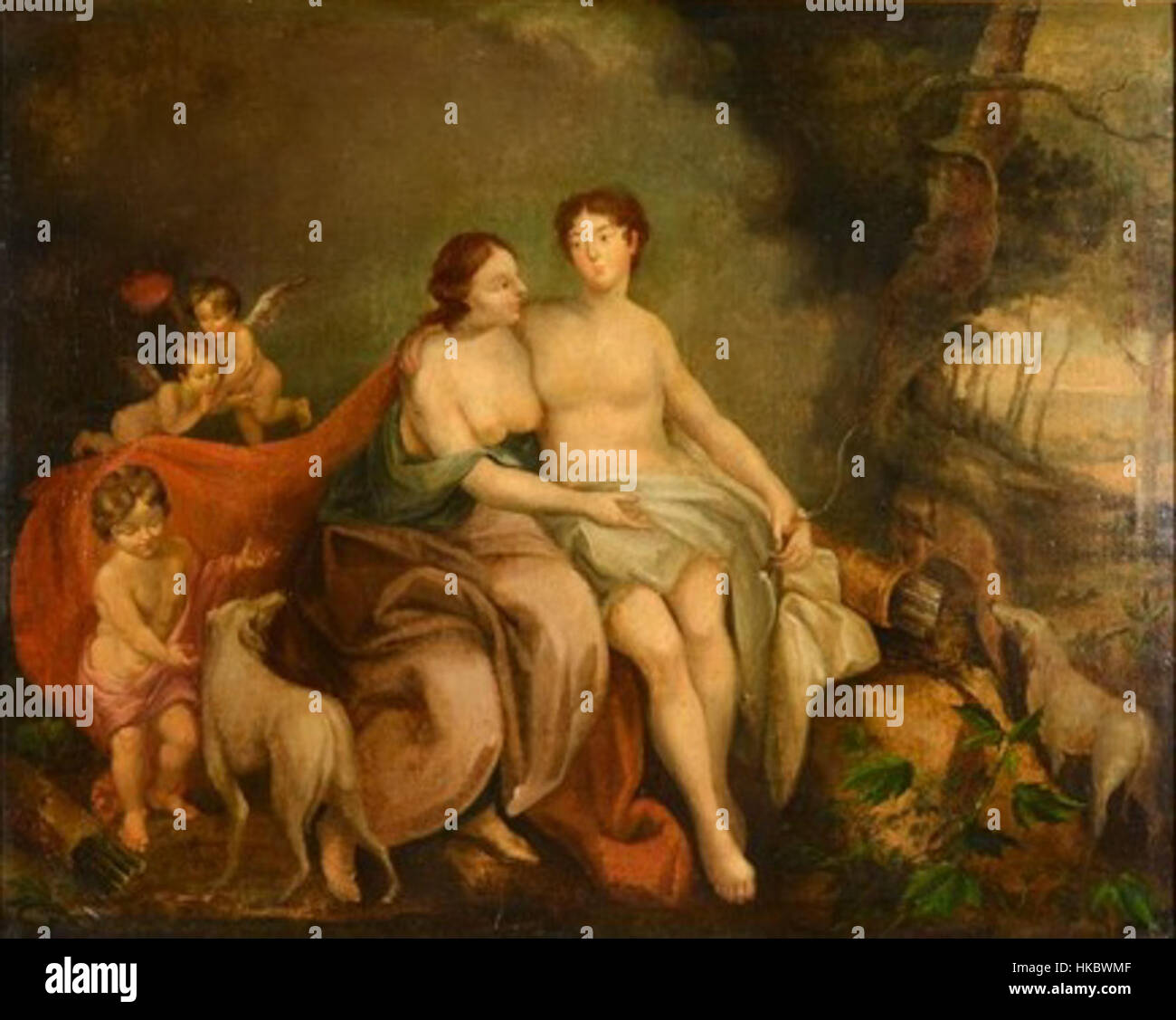 Dieses Kunstwerk mit dem Titel „Diana und ihr Liebhaber“ zeigt die klassische mythologische Geschichte von Diana und ihrem Liebhaber. Das Stück fängt den Moment mit exquisiten Details ein und repräsentiert das zeitlose Thema Liebe und Natur in der mythologischen Kunst. Stockfoto