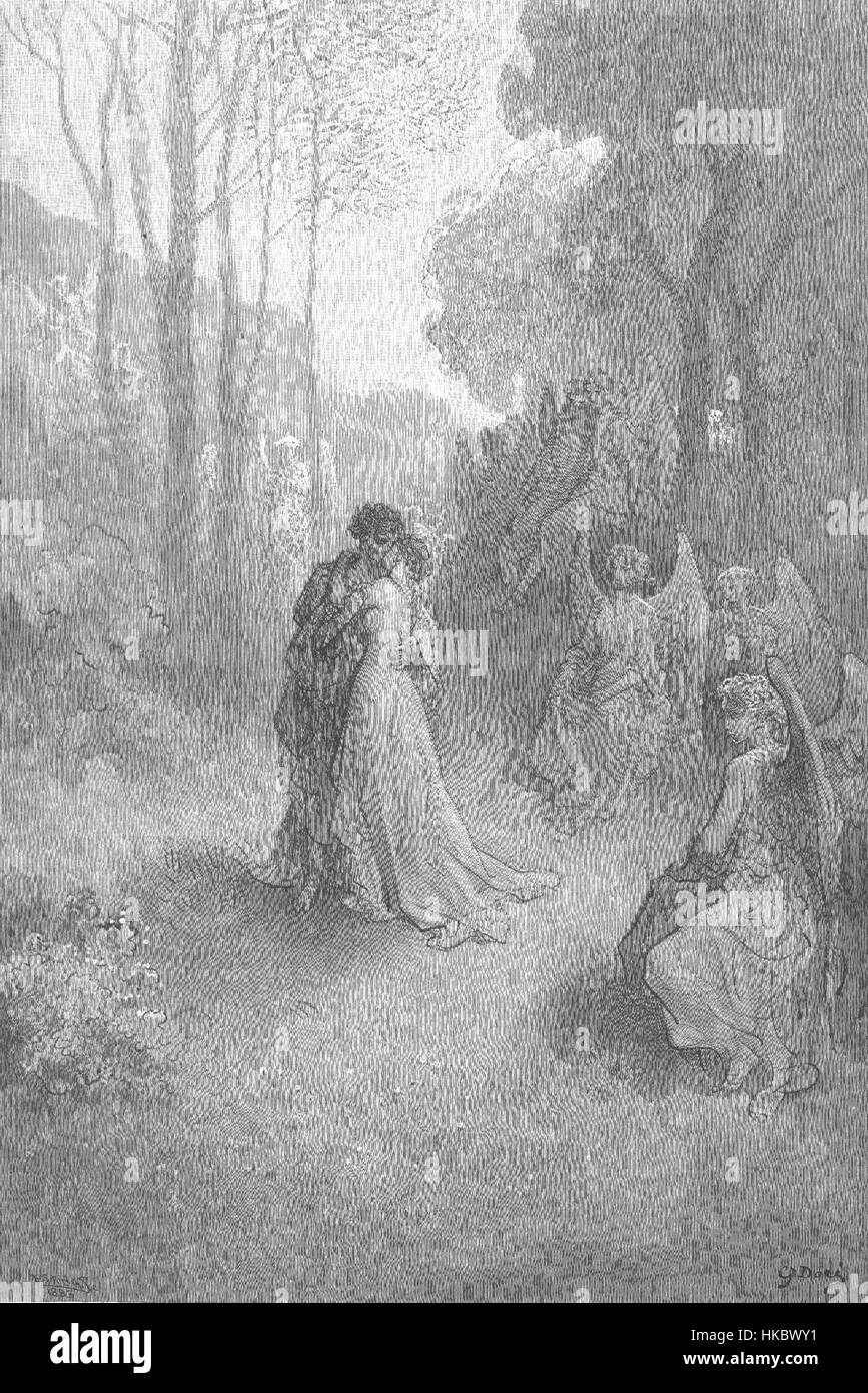 Eine Illustration von Gustave Doré aus dem Jahr 1884 mit dem Titel *der Rabe*, basierend auf Edgar Allan Poes Gedicht. Diese Gravur fängt die dunkle, melancholische Atmosphäre des Gedichts ein, während der Rabe im schwach beleuchteten Raum erscheint und die übernatürliche und unheimliche Stimmung des Textes unterstreicht. Stockfoto