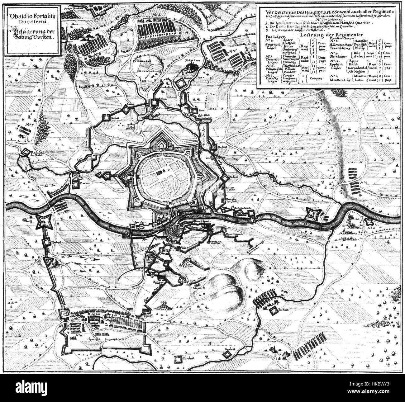 Das Kunstwerk Dorsten Belagerung 1641 zeigt die Belagerung von Dorsten 1641, ein wichtiges Ereignis während des Dreißigjährigen Krieges. Die Szene fängt die Intensität und das Chaos der Belagerung ein und zeigt historische militärische Taktiken und Befestigungen. Stockfoto