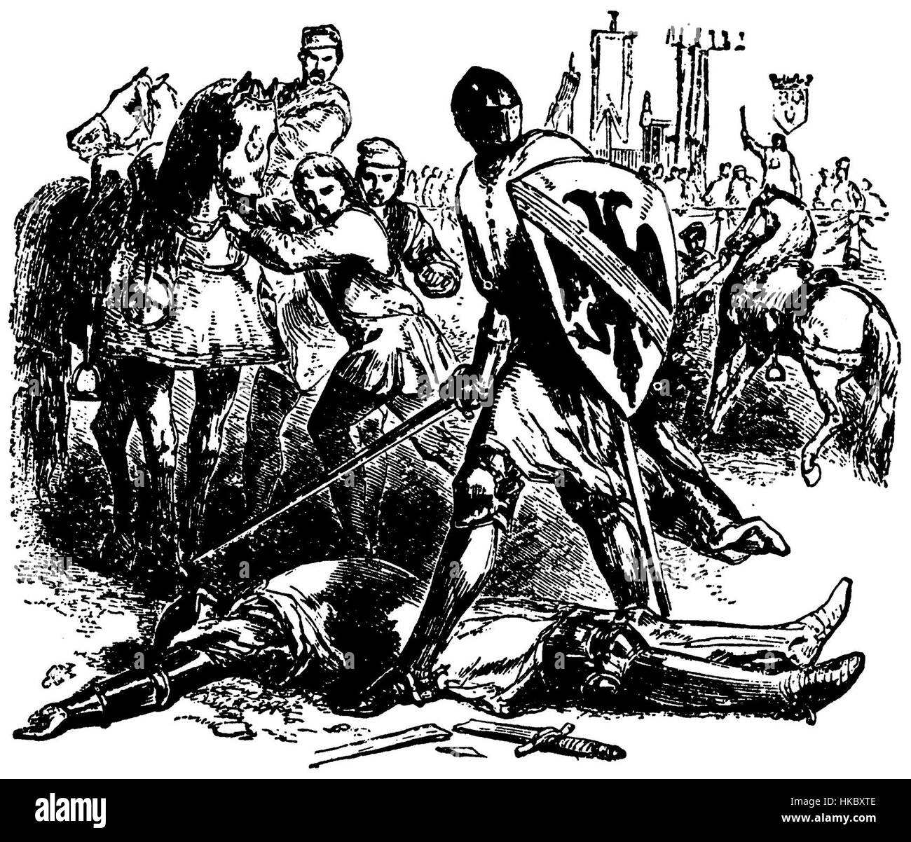 Der „Kampf zwischen du Guesclin und Troussel“ zeigt eine dramatische Schlachtszene während des Hundertjährigen Krieges und unterstreicht die Tapferkeit und Intensität des mittelalterlichen Krieges. Das Gemälde spiegelt die Aufmerksamkeit des Künstlers für historische Details wider. Stockfoto