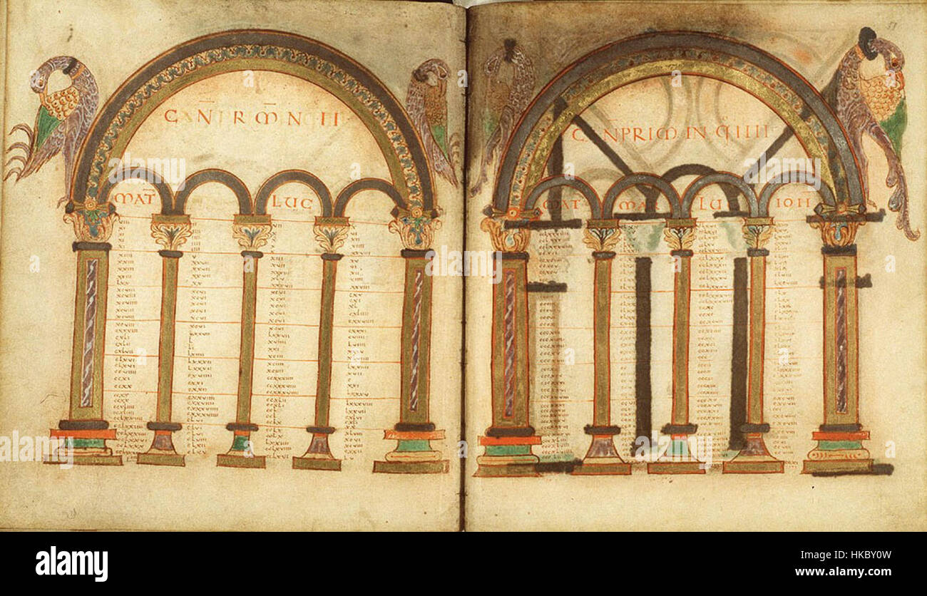 Die Egmond-Evangelien, illustriert mit lebendigen Illuminationen, sind ein wichtiges Beispiel mittelalterlicher Manuskriptkunst. Folio 10v und 11r zeichnen sich durch komplexe Designs aus, die die religiöse Bedeutung des Manuskripts verdeutlichen. Stockfoto Die Egmond-Evangelien, illustriert mit lebendigen Illuminationen, sind ein wichtiges Beispiel mittelalterlicher Manuskriptkunst. Folio 10v und 11r zeichnen sich durch komplexe Designs aus, die die religiöse Bedeutung des Manuskripts verdeutlichen. Stockfoto
