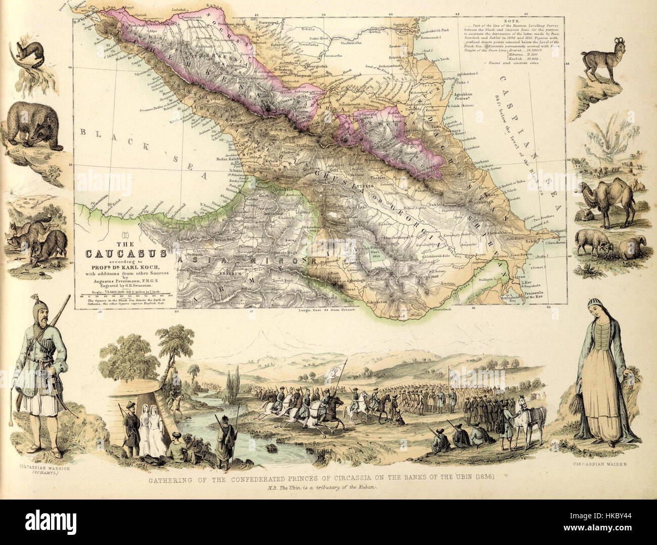 Eine Vintage-Karte, die 1872 von Fullarton & Co. Veröffentlicht wurde und die Regionen des Kaukasus und der Krim illustriert und einen historischen geographischen Kontext liefert. Stockfoto