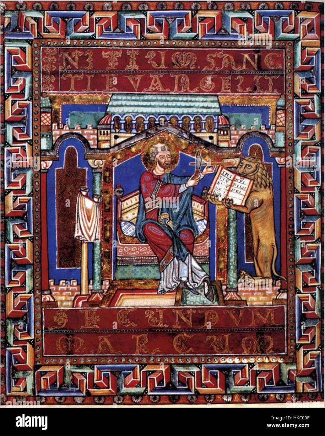 Das Kunstwerk „Gospels2“ präsentiert eine komplexe visuelle Darstellung religiöser Texte, die wahrscheinlich Schlüsselereignisse oder Lehren aus christlichen Schriften mit großer Liebe zum Detail veranschaulichen. Stockfoto