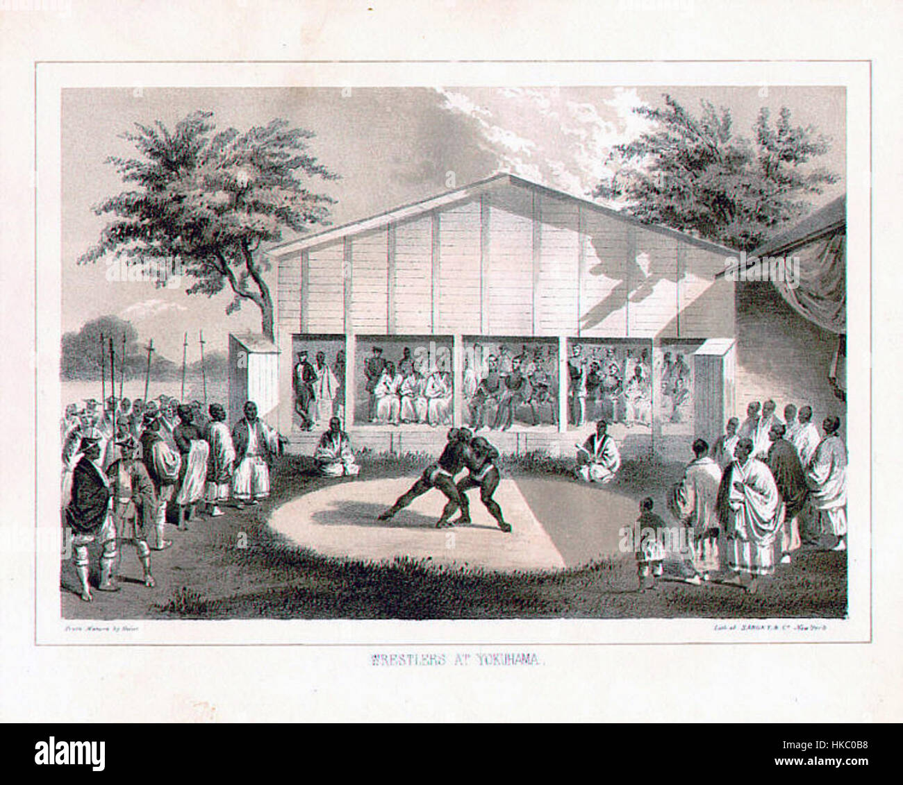 Dieses Gemälde zeigt ein Sumo-Wrestling-Match in Yokohama um 1840. Das Kunstwerk zeigt die dynamische Energie des traditionellen japanischen Sports und hebt die kraftvollen Bewegungen der Wrestler in einem historischen Kontext hervor. Das Werk erfasst die kulturelle Bedeutung des Sumo-Rings in Japan während der Edo-Zeit. Stockfoto