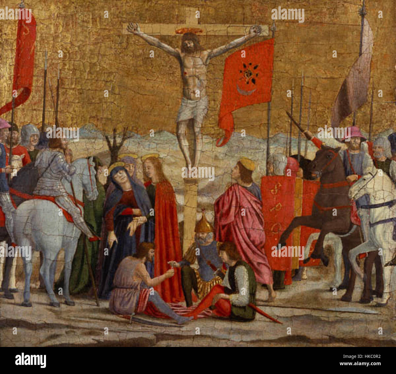 „Crocifissione“ von Piero stellt die Kreuzigung Christi dar, ein gemeinsames Thema in der christlichen Kunst. Das Gemälde zeichnet sich durch seinen Ausdruck von Leiden und Spiritualität aus, indem es dramatische Kontraste und Licht verwendet, um die emotionale Intensität der Szene hervorzuheben. Stockfoto