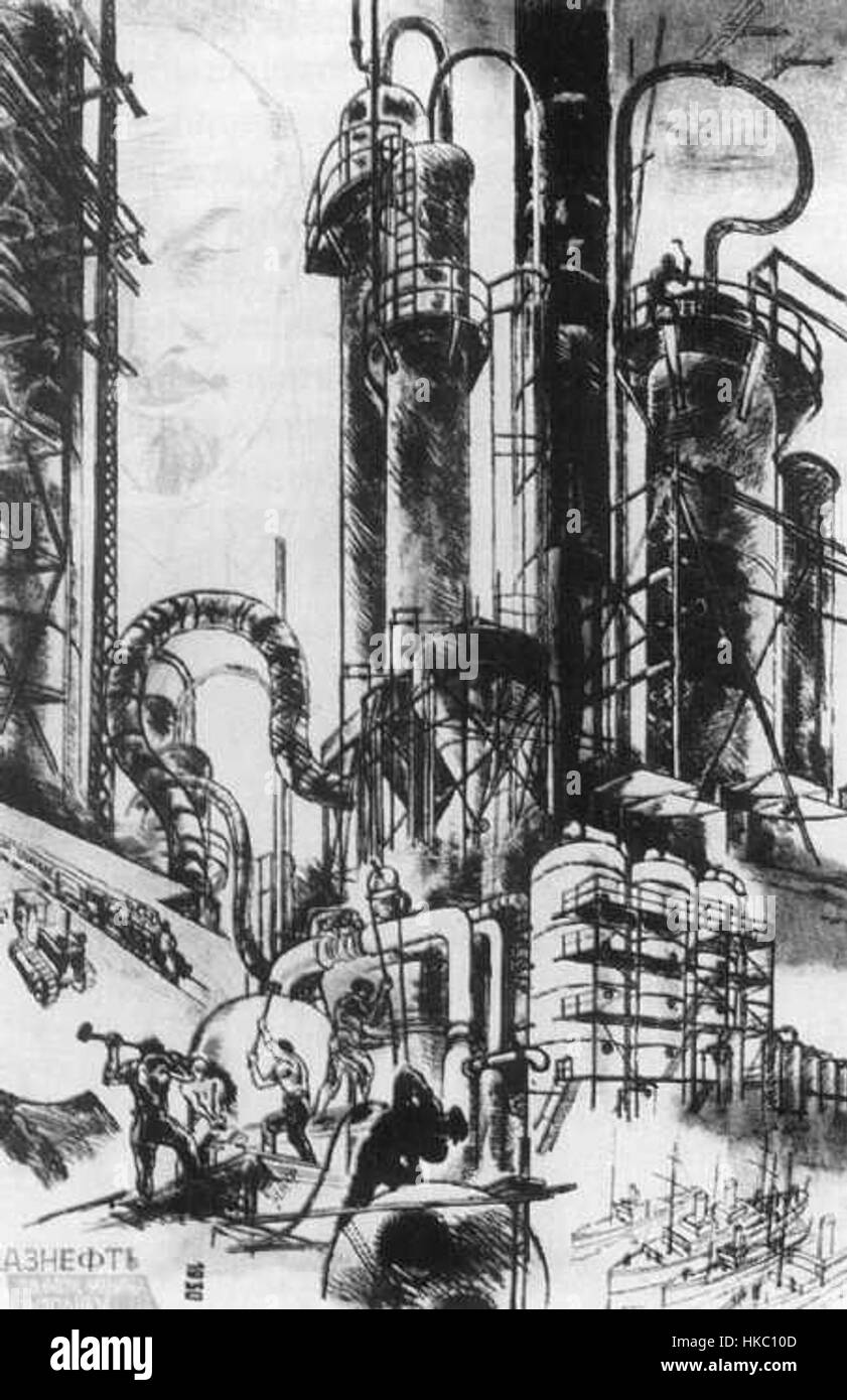 „I. Niwinskiy Azneft“, gemalt 1930, spiegelt die Industrialisierung der Sowjetunion im frühen 20. Jahrhundert wider. Das Gemälde stellt wahrscheinlich die Ölindustrie dar und erfasst das Wachstum der Azneft-Organisation, einer wichtigen Einheit in der sowjetischen Ölproduktion. Stockfoto