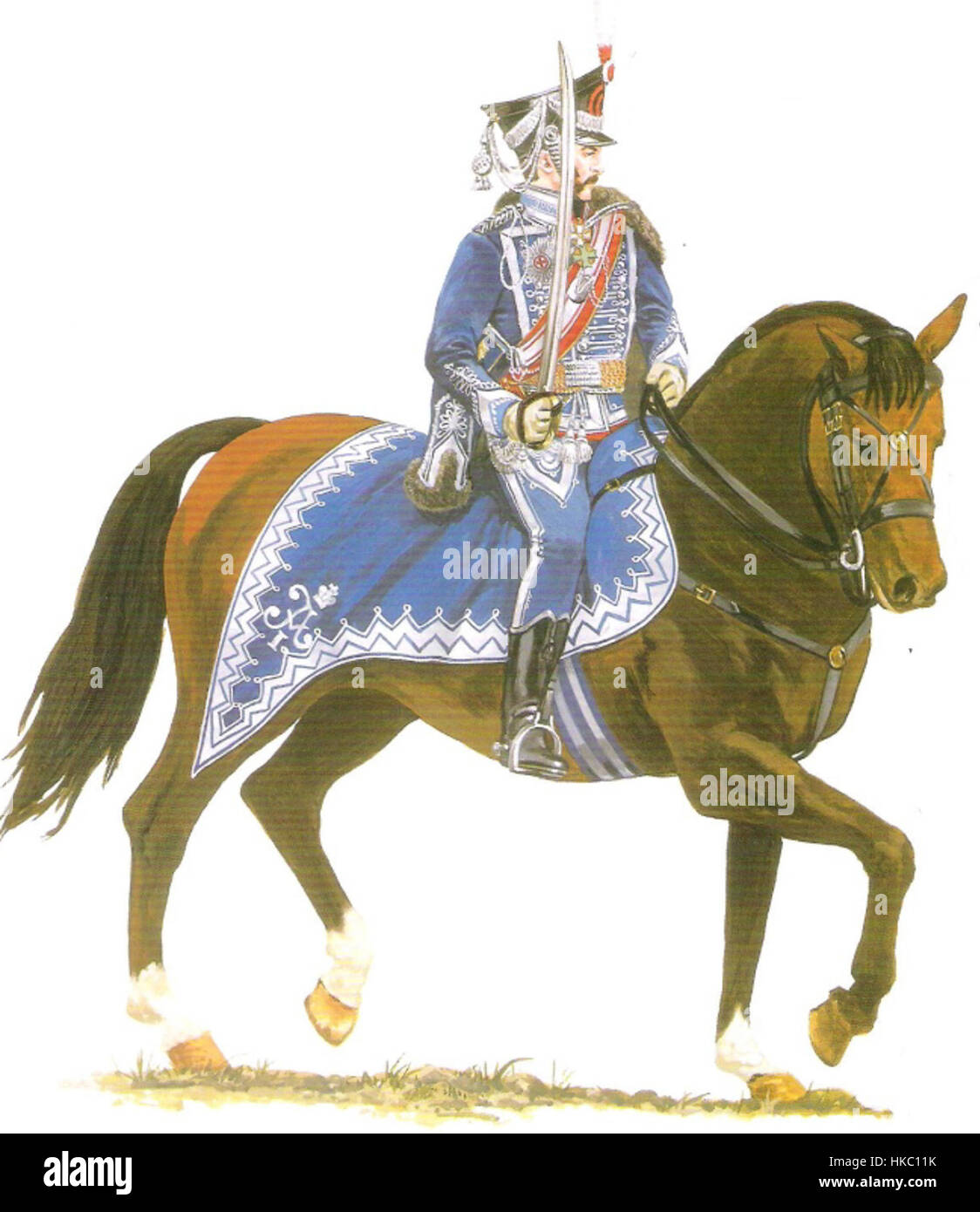 Das Gemälde des Husar-Grodno-Regiments aus dem Jahr 1812 zeigt die Militäruniform und Insignien der Grodno-Husaren, die Teil der Kavallerie des Russischen Reiches während der Napoleonischen Kriege waren, und zeigt die historische Militärkleidung. Stockfoto
