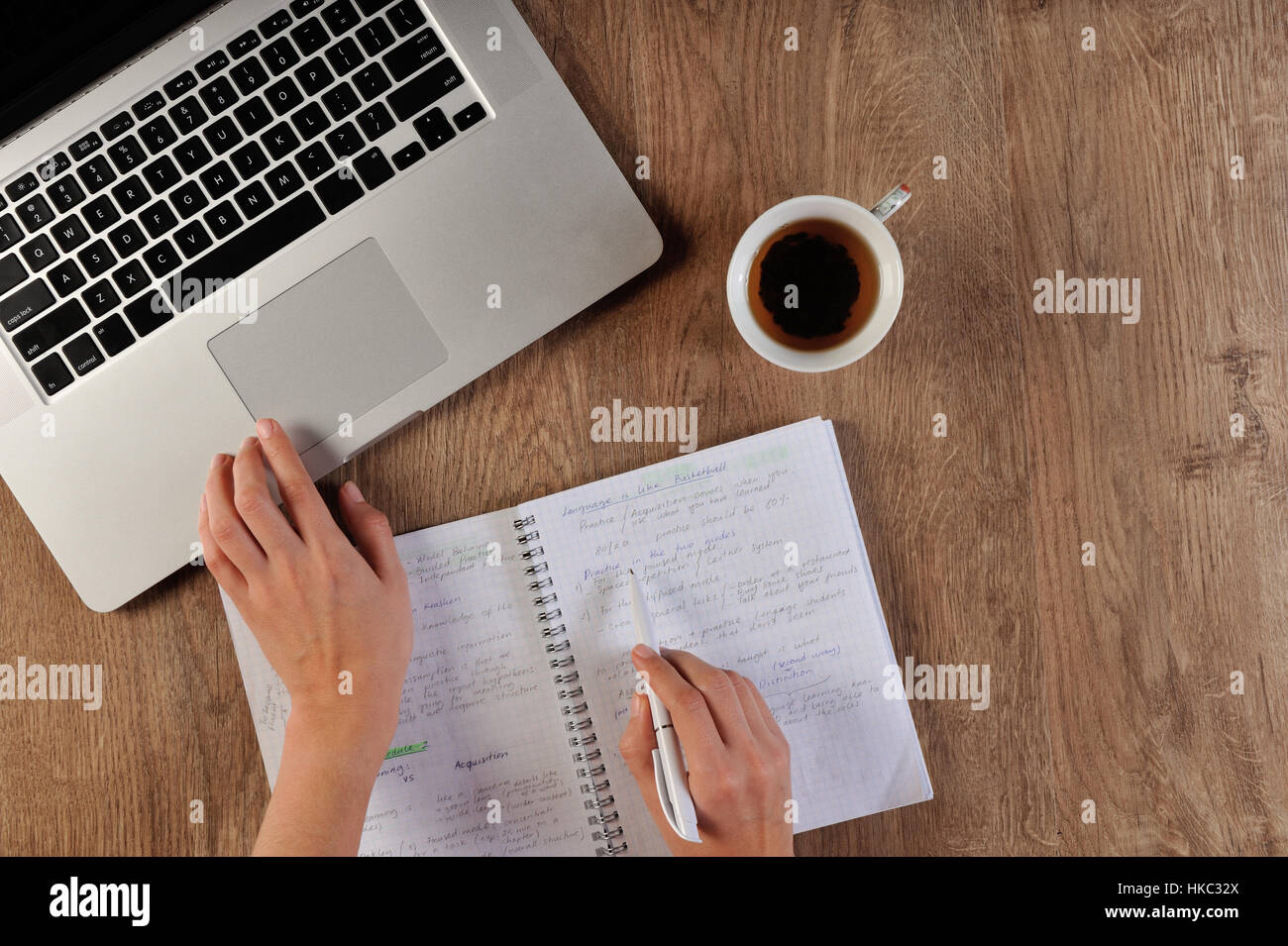 Person lernen Sprache schreiben in Notebook Laptop vor Stockfoto