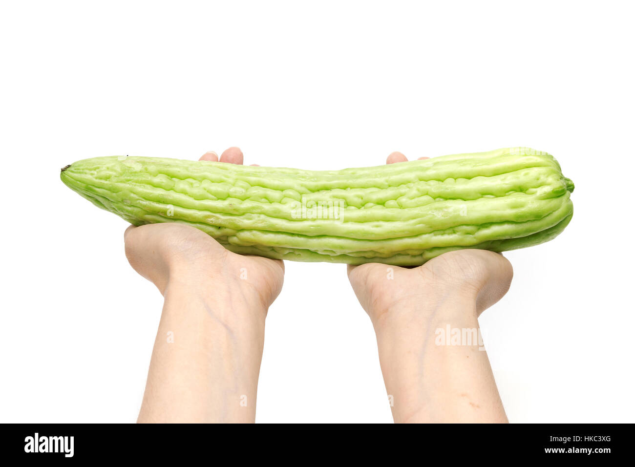 Hände halten Kürbis, bittere Gurke oder Balsambirne auf weißen Hintergrund isoliert Stockfoto