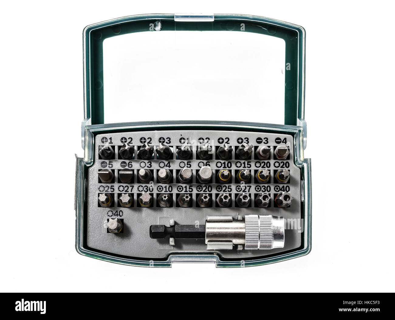 Verschiedenen Security Schraubendreher Bohrköpfe und Zubehör in einer Box. Satz von Metall Schrauberbits set über weißem isoliert Hintergrund, verschiedene fores Stockfoto