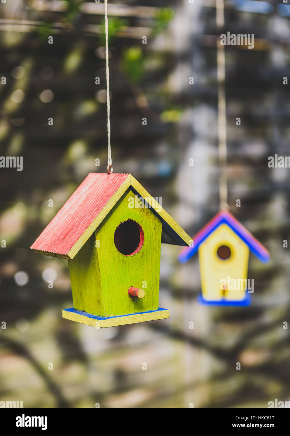 Zwei Alte Verwitterte Diy Vogelhauschen An Den Baum Hangen Bunte Kleine Vogelhaus Mit Grunen Wanden Stockfotografie Alamy