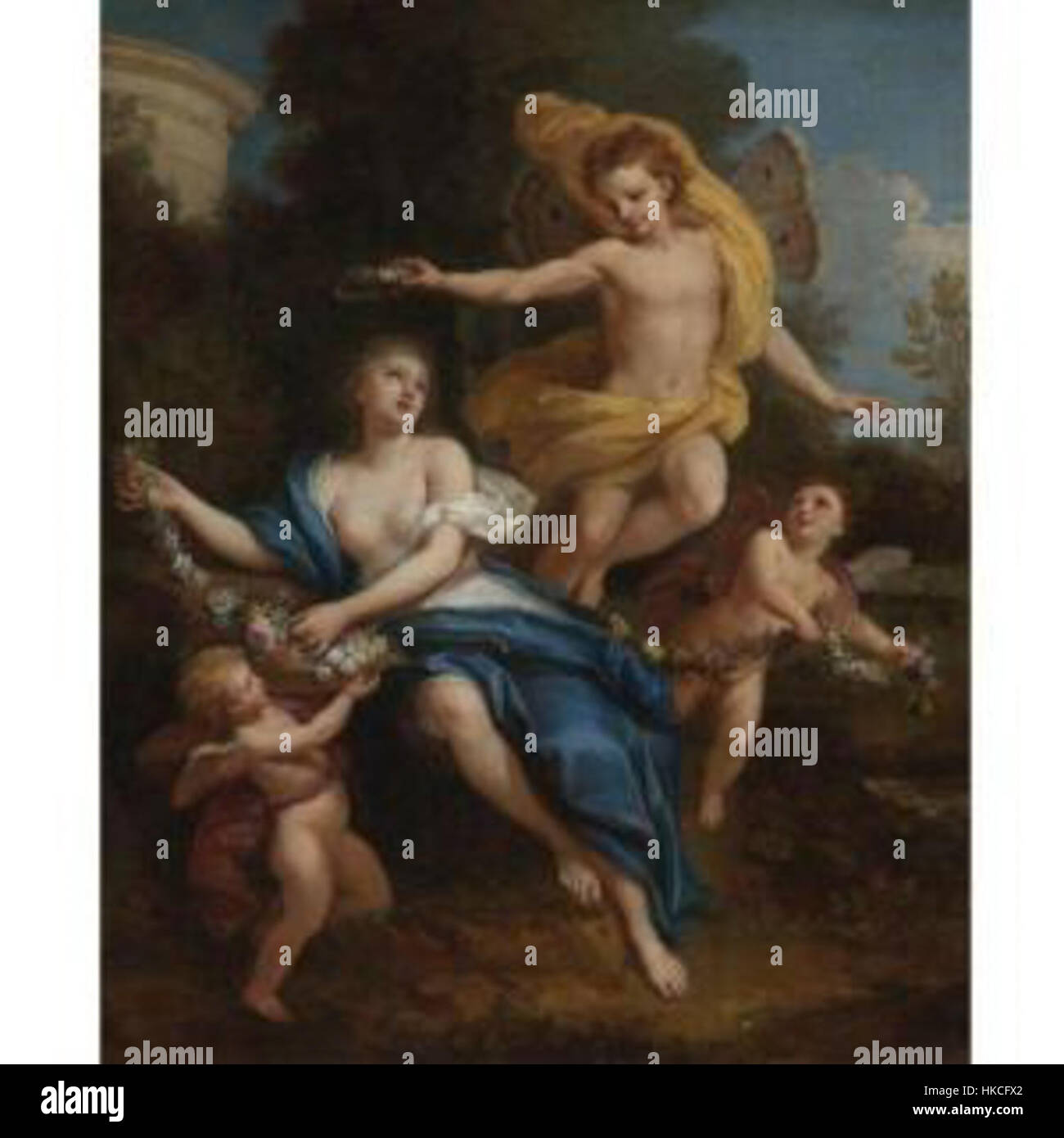 *Zephyr Krönung Flora* von Louis II. De Boulogne ist ein allegorisches Gemälde aus dem 17. Jahrhundert. Es zeigt den griechischen Gott Zephyr, der Flora, die Göttin der Blumen, sanft krönt und die Ankunft des Frühlings und die Erneuerung der Natur symbolisiert. Stockfoto