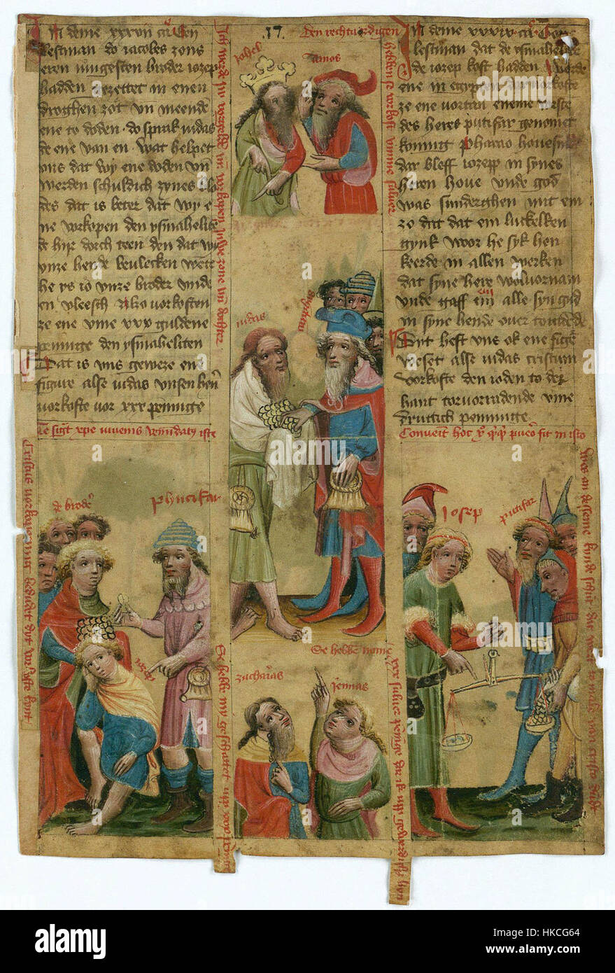 Biblia pauperum, eine wichtige mittelalterliche Handschrift in der Königlichen Bibliothek (Det kongelige Bibliotek), veranschaulicht biblische Geschichten durch Bilder, die für Analphabeten entworfen wurden. Diese Kunstform aus dem Mittelalter verbindet religiöse Themen mit zugänglicher visueller Erzählung. Stockfoto