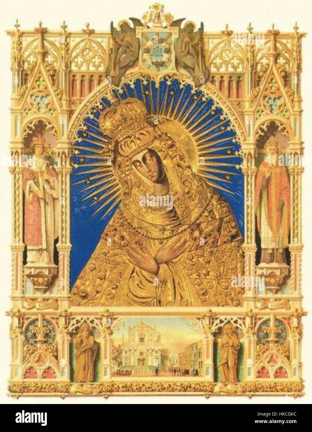 Dieses Gemälde stellt die Matka Boska Ostrobramska dar, die Schwarze Madonna von Ostrobrama, eine verehrte Ikone der polnischen Kultur. Das Kunstwerk unterstreicht ihre Bedeutung als Symbol der Stärke und des Glaubens angesichts der Widrigkeiten. Stockfoto