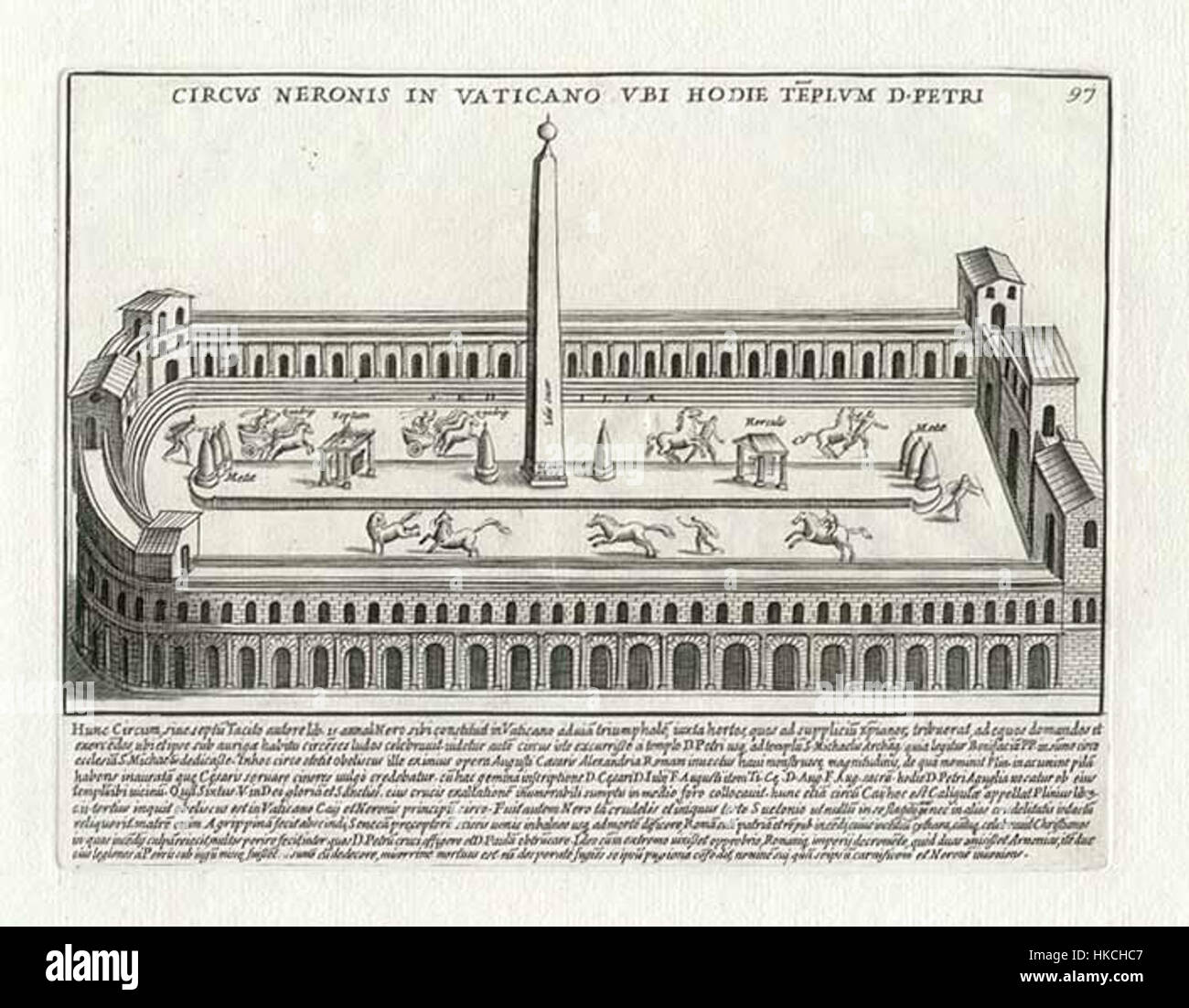 Das Kunstwerk „Nero Circus“ spiegelt die Pracht der antiken römischen Spektakel wider. Es zeigt einen öffentlichen Aufführungsraum, der wahrscheinlich für Wagenrennen oder Gladiatorenkämpfe genutzt wurde, die für das römische Unterhaltungs- und Kulturleben von zentraler Bedeutung waren. Stockfoto