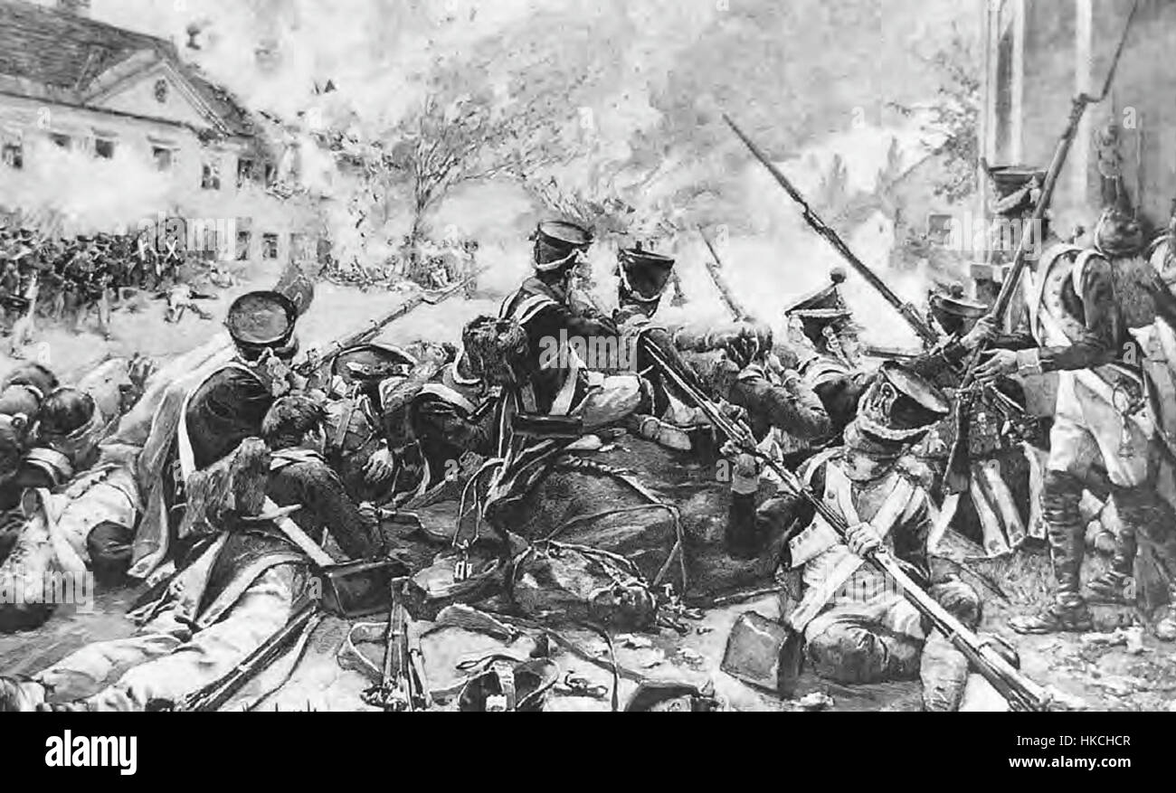 Das Gemälde „Aspern Essling“ von Myrbach fängt die Schlüsselschlacht während der Napoleonischen Kriege ein und konzentriert sich dabei auf die intensive militärische Aktion und die historische Bedeutung des Konflikts. Stockfoto