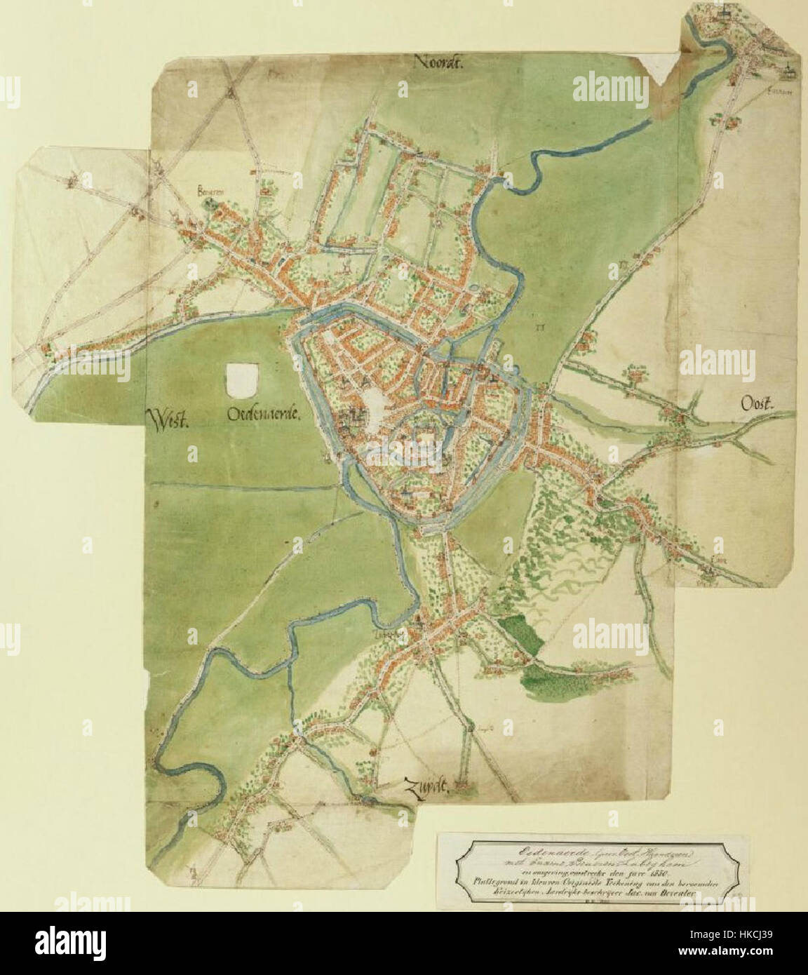 Jacob van Deventer’s Karte von Oudenaarde, die im 16. Jahrhundert erstellt wurde, ist ein wichtiges historisches kartographisches Stück. Die Karte zeigt das detaillierte Layout der Stadt während dieser Zeit und spiegelt die fortgeschrittenen Kartentechniken der Zeit wider. Stockfoto