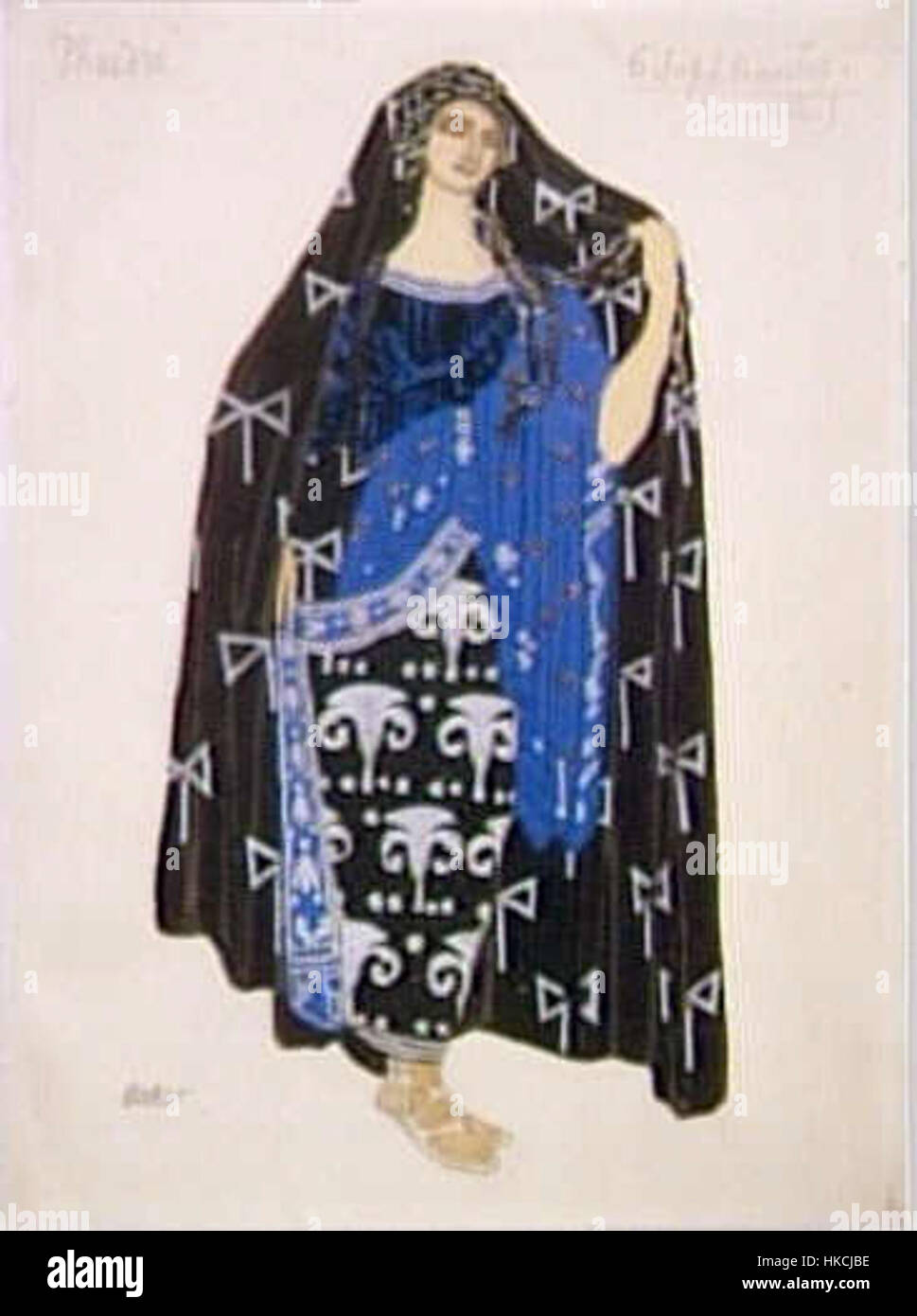 „Phaedra“ von Leon Bakst ist ein lebendiges und ausdrucksstarkes Stück aus dem frühen 20. Jahrhundert, das die Meisterschaft des Künstlers in Design und Farbe zeigt. Das Werk spiegelt Baksts Beteiligung an den Ballets Russes und die Verwendung von mutigen, dramatischen Grafiken in seinen Kostümen und Bühnendesigns wider und fängt das Wesen der Theateraufführungen ein. Stockfoto