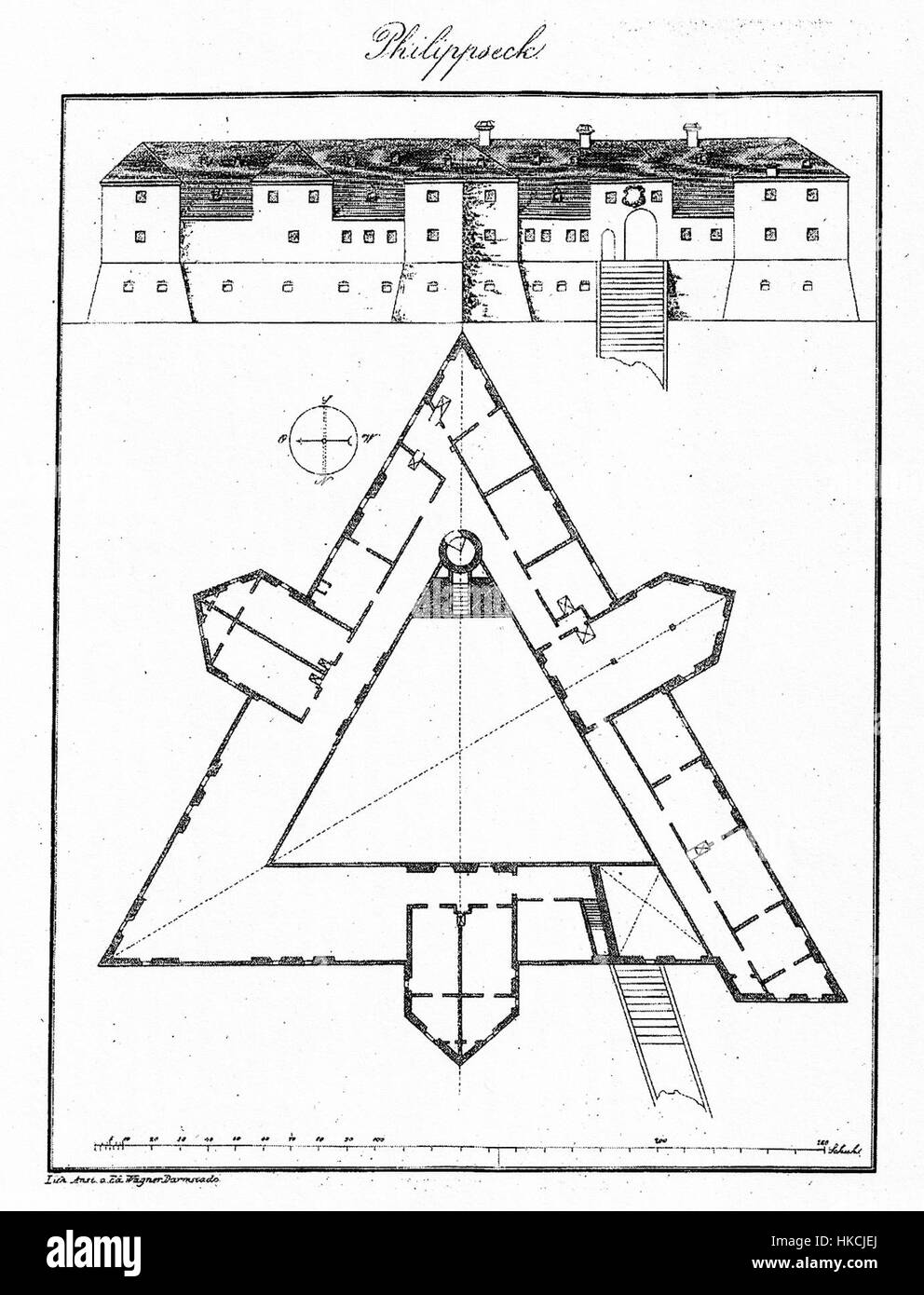 Dieser Stahlstich aus dem Jahr 1851 mit dem Titel „Philipseck Anonymer Stahlstich“ ist ein detailreicher Druck aus dem 19. Jahrhundert. Es fängt eine historische Szene mit komplizierten Linien und Schattierungen ein, die das Können des anonymen Künstlers widerspiegeln. Die Stahlstichtechnik war in dieser Zeit wegen ihrer scharfen Details und der feinen Reproduktion von Kunstwerken beliebt. Stockfoto