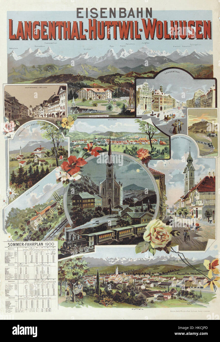 Ein Vintage-Poster, das Langenthal, Huttwil und Wollhusen darstellt und ein künstlerisches Design zeigt, das typisch für Werbekunst des frühen 20. Jahrhunderts ist. Das Stück beleuchtet historische und geographische Aspekte dieser Schweizer Städte, wobei der regionale Stolz und die kulturelle Identität im Vordergrund stehen. Stockfoto