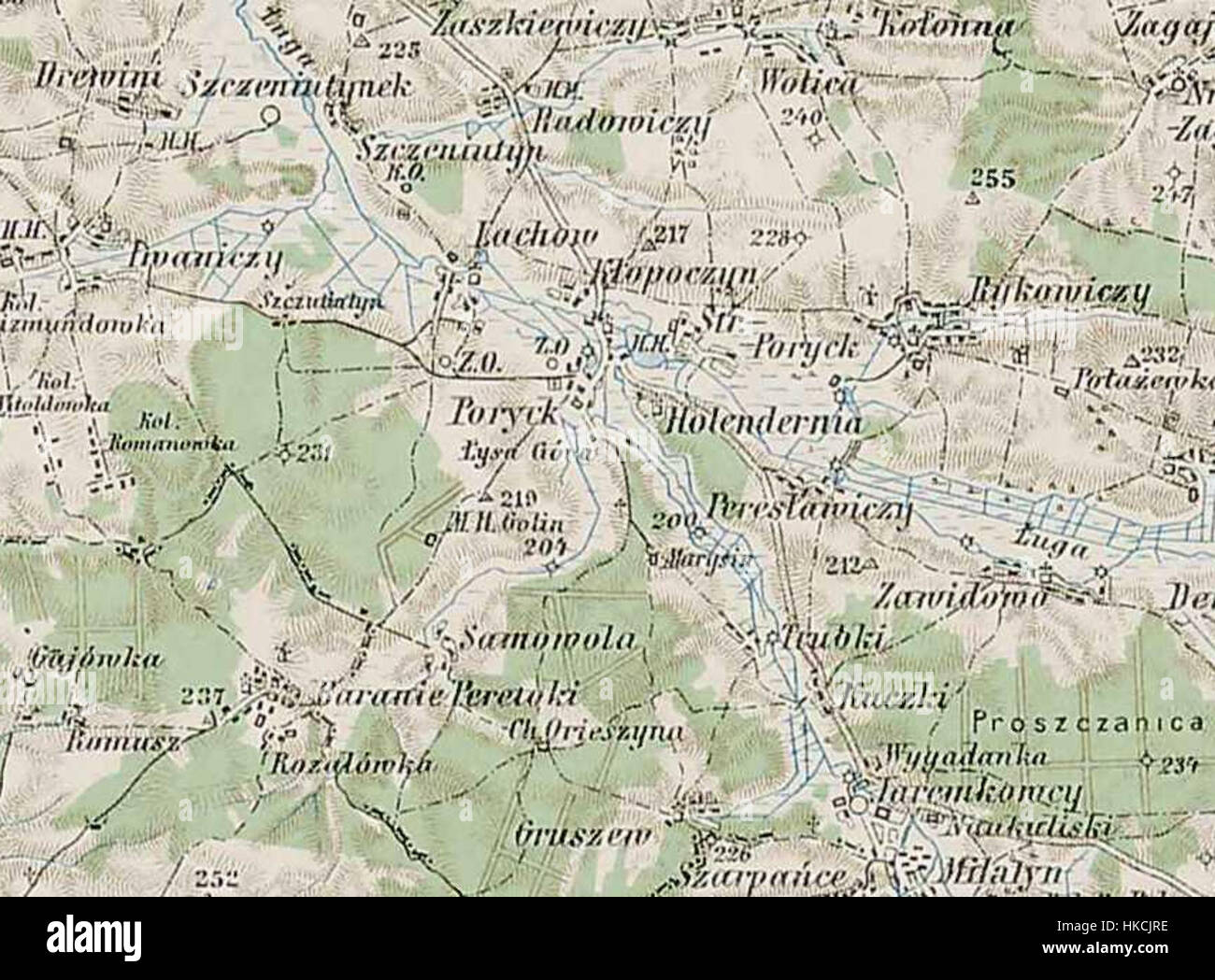 Eine topographische Karte von Poryck und seinen umliegenden Gebieten aus dem Jahr 1910, die die geographischen Besonderheiten und Siedlungen der Region während des frühen 20. Jahrhunderts veranschaulicht. Die Karte spiegelt die komplizierten Details der lokalen Landschaft während dieser Zeit wider. Stockfoto