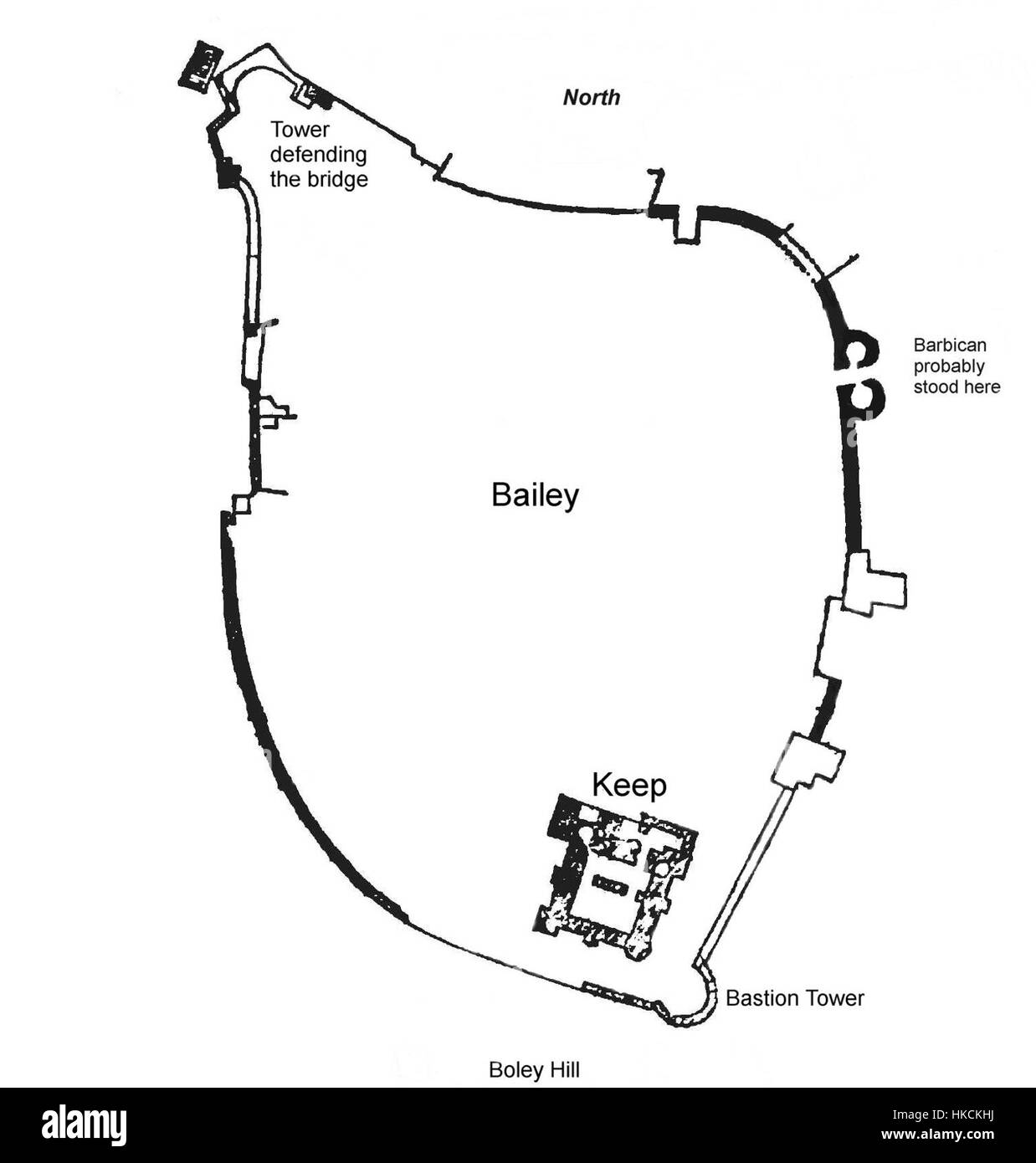 Diese Illustration aus der Penny Cyclopaedia von 1836 zeigt Rochester Castle und seinen Donjon und zeigt die historische Architektur dieser berühmten britischen Burg. Das Bild hebt seine robuste Steinstruktur und mittelalterliche Gestaltung hervor und unterstreicht seine Bedeutung als Festung während der normannischen Zeit. Stockfoto
