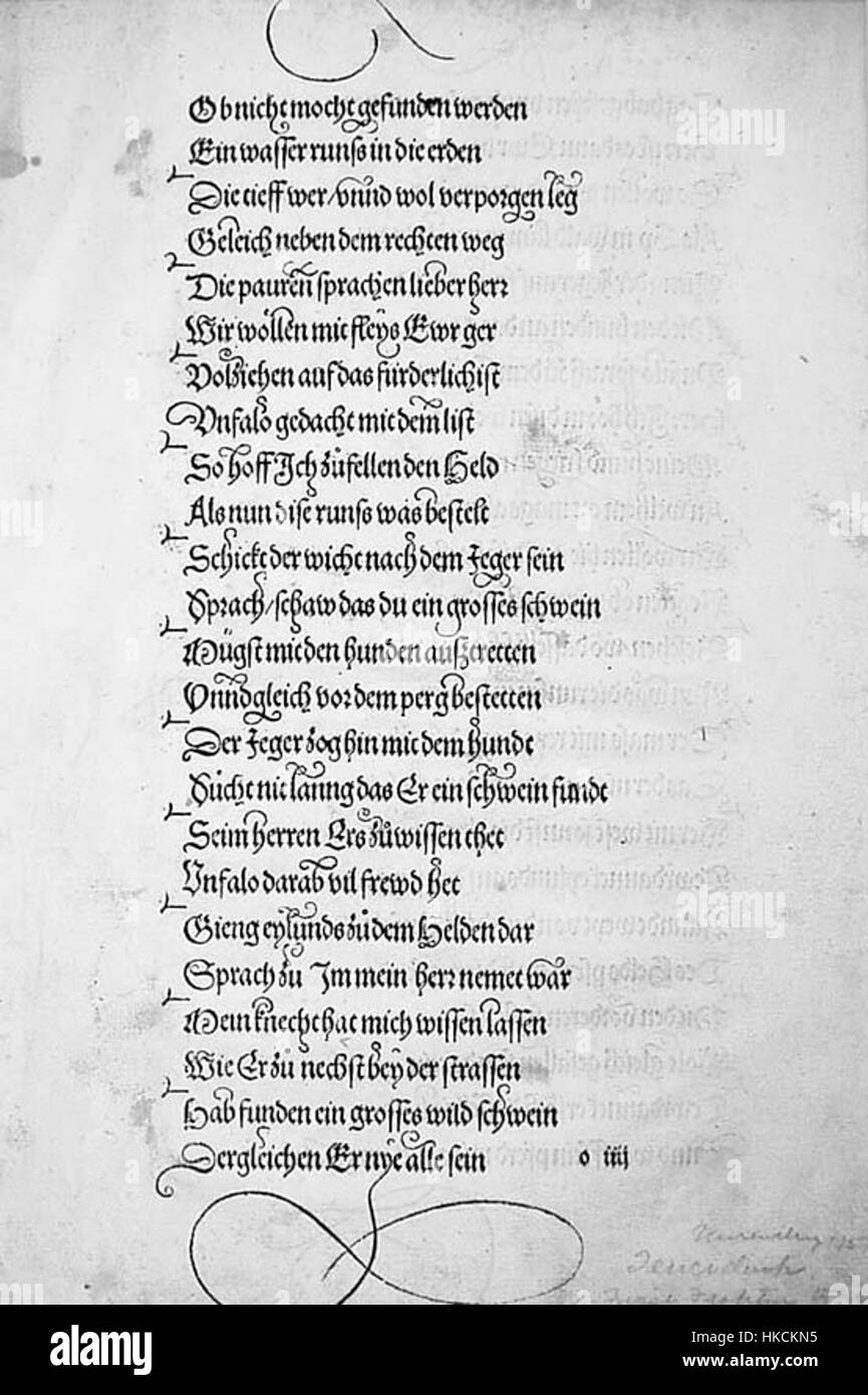 „Theuerdank 1“ ist ein historisches Gemälde, das auf dem gleichnamigen deutschen Epos basiert und die Ritterabenteuer Kaiser Maximilians I. zeigt. Das Werk beleuchtet mittelalterliche Themen wie Ritterlichkeit, Heldentum und die Pracht des Heiligen Römischen Reiches. Stockfoto