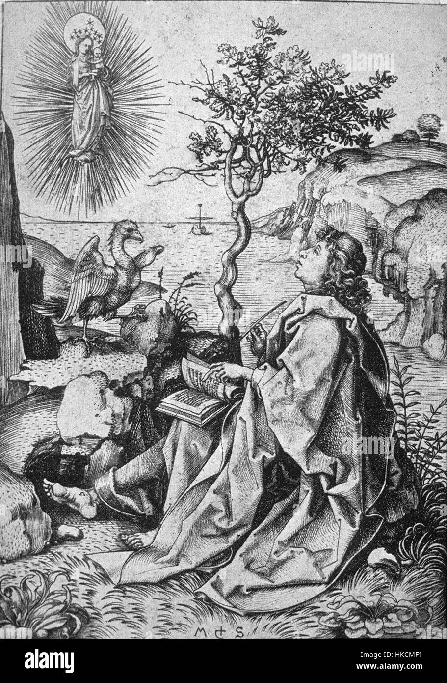 *Johannes auf Patmos* von Martin Schongauer ist ein bedeutendes Werk der frühen deutschen Renaissance-Kunst. Der Stich zeigt den Heiligen Johannes auf der Insel Patmos, eine Schlüsselfigur der christlichen Ikonographie. Schongauers Liebe zum Detail und die Verwendung komplizierter Linien veranschaulichen die Kunst der frühen Renaissance-Druckerei. Stockfoto