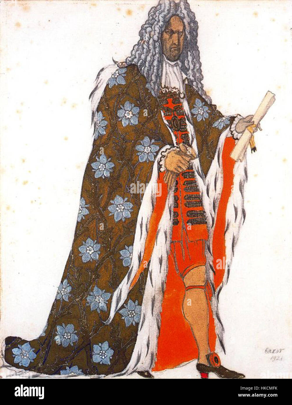 Eine Set-Illustration für das Ballett „Dornröschen“ von Léon Bakst, die seinen einzigartigen Stil zeigt, indem er die traumhafte Atmosphäre und die opulenten Bühnenbilder einfängt. Stockfoto