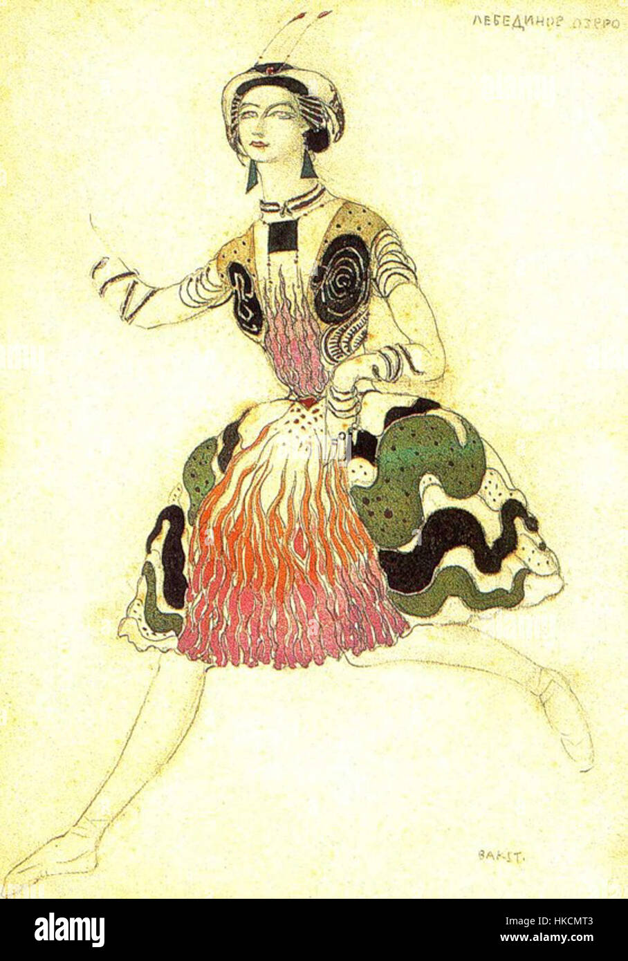 Eine Szene aus dem „Schwanensee“, entworfen von Léon Bakst, zeigt sein legendäres Set und Kostümdesigns für das berühmte Ballett. Das Kunstwerk veranschaulicht seine Verwendung lebendiger Farben und detaillierter Muster, die zum visuellen Spektakel der Performance beitragen. Stockfoto