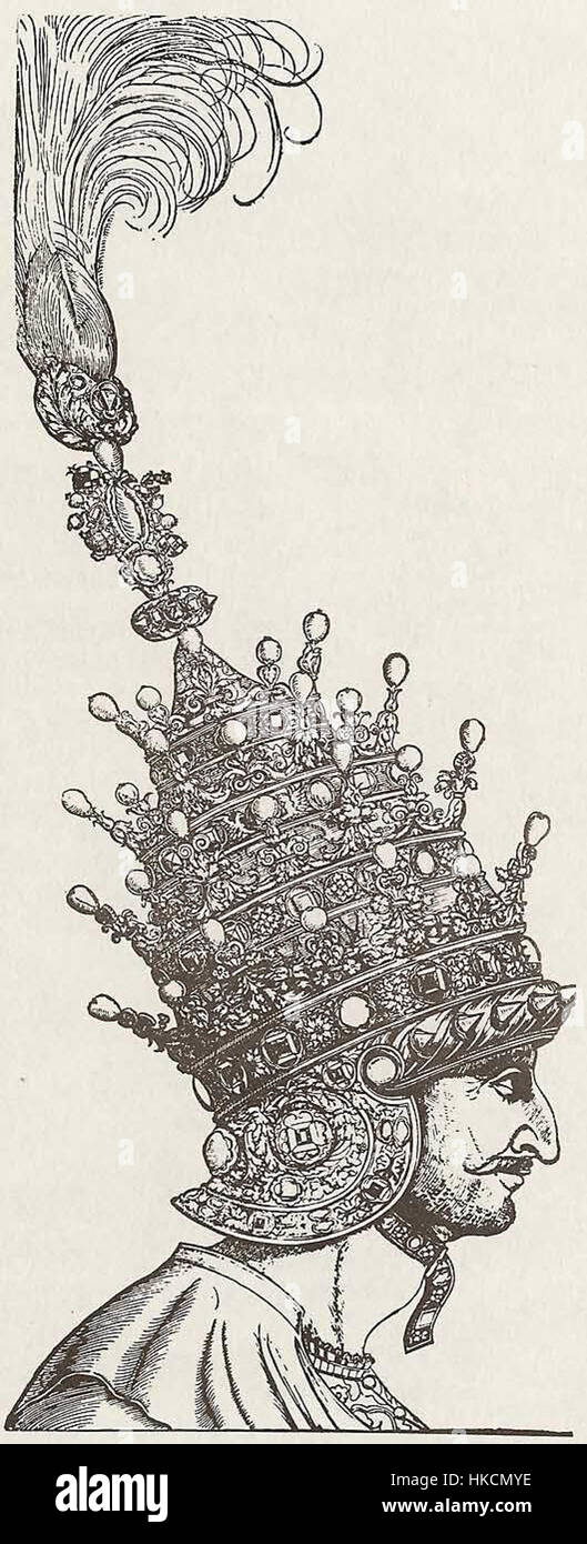 Dieses Kunstwerk von Lorck stellt Suleyman den Großen dar, den osmanischen Sultan, der von 1520 bis 1566 regierte. Das Gemälde zeigt seine majestätische Präsenz und unterstreicht seine Bedeutung in der osmanischen Geschichte, indem es seine königliche Kleidung und seinen kaiserlichen Status darstellt. Stockfoto