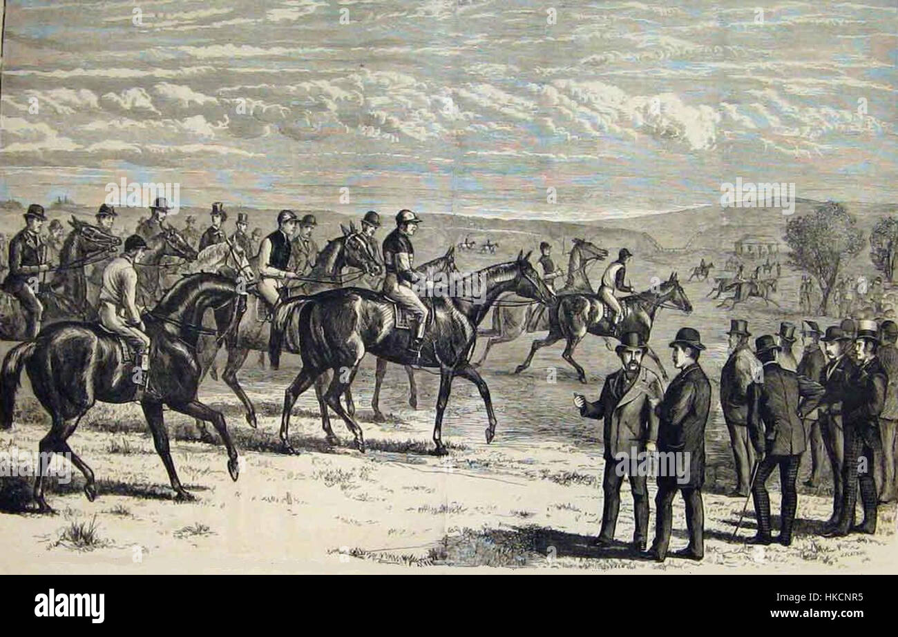 Das Gemälde zeigt die historischen 1874 Two Thousand Guineas, ein prestigeträchtiges Pferderennen in England. Das Kunstwerk fängt den Moment des Rennens ein und hebt die Spannung und die Action des Events hervor. Stockfoto