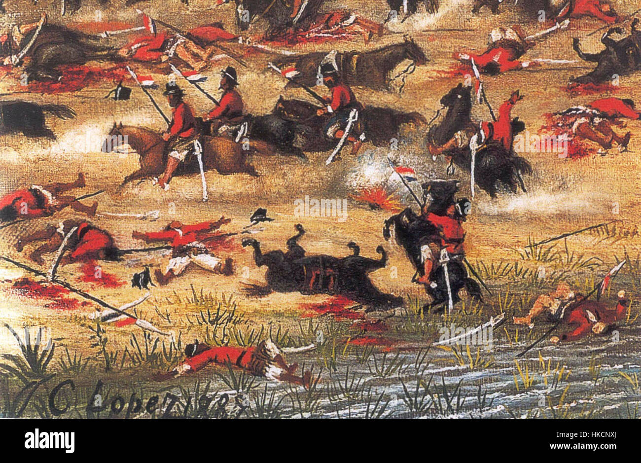 Dieses Gemälde aus der Schlacht von Tuyuti, einer bedeutenden Schlacht während des Paraguayenkrieges (1864–1870), zeigt Soldaten im Kampf. Der Schwerpunkt auf der militärischen Strategie und der Intensität des Konflikts wird in der Arbeit hervorgehoben, in der das Chaos und die emotionale Belastung des Krieges während dieser Zeit dargestellt werden. Stockfoto