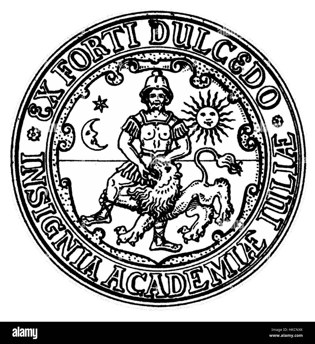 Das Kunstwerk der Siegel Helmstedt Universitaet zeigt die historische Universität Helmstedt, ein Zentrum des Lernens in Deutschland während der Renaissance. Das Stück fängt die intellektuelle Atmosphäre der Institution ein, in der Figuren wissenschaftliche Aktivitäten in einem historischen Umfeld ausüben. Stockfoto